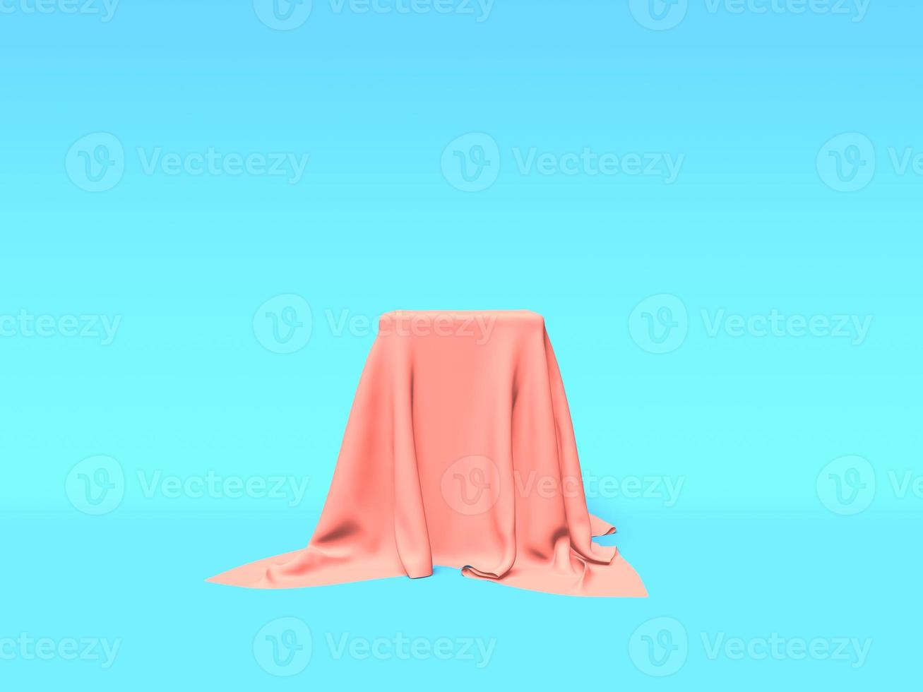 Podium, pedestal or platform covered with pink cloth on blue background. Abstract illustration of simple geometric shapes. 3D rendering. photo