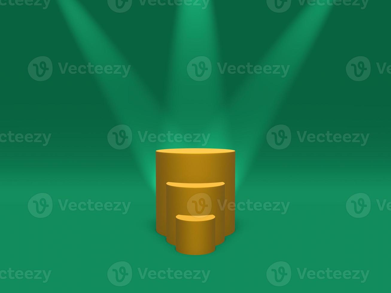 Podium, pedestal or platform gold color illuminated by spotlights on green background. Abstract illustration of simple geometric shapes. 3D rendering. photo