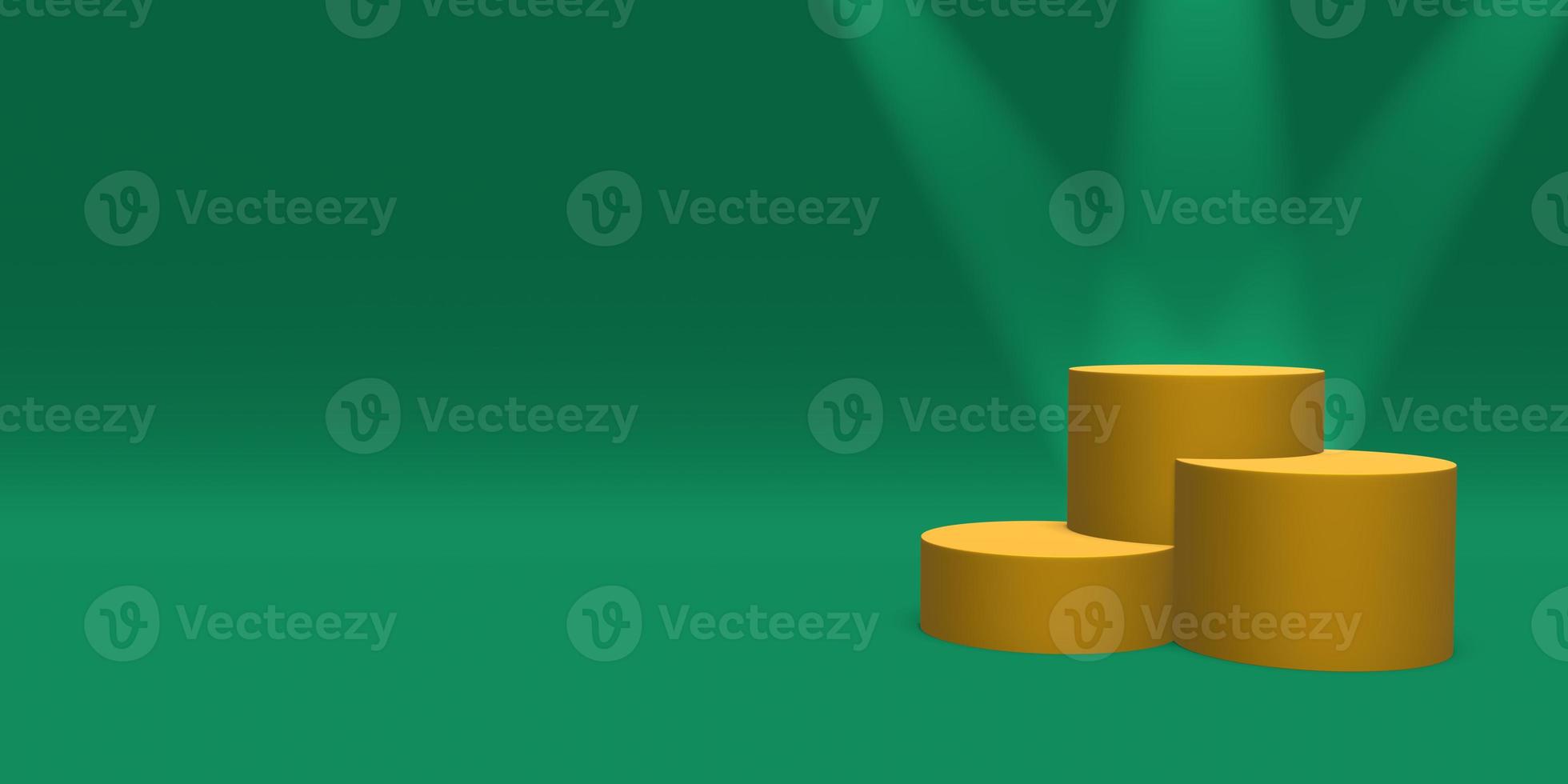 Podium, pedestal or platform gold color illuminated by spotlights on green background. Abstract illustration of simple geometric shapes. 3D rendering. photo