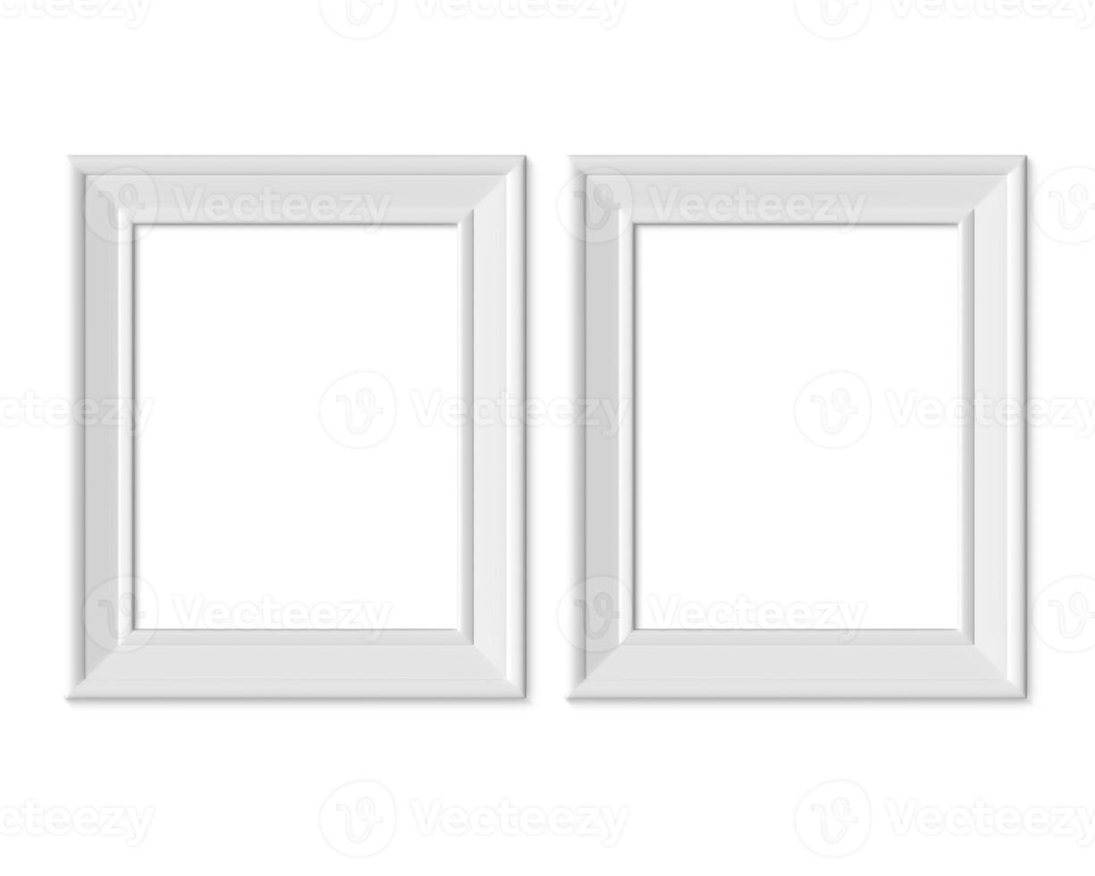 Set 2 4x5 Vertical Portrait picture frame mockup. Realisitc paper, wooden or plastic white blank. Isolated poster frame mock up template on white background. 3D render. photo