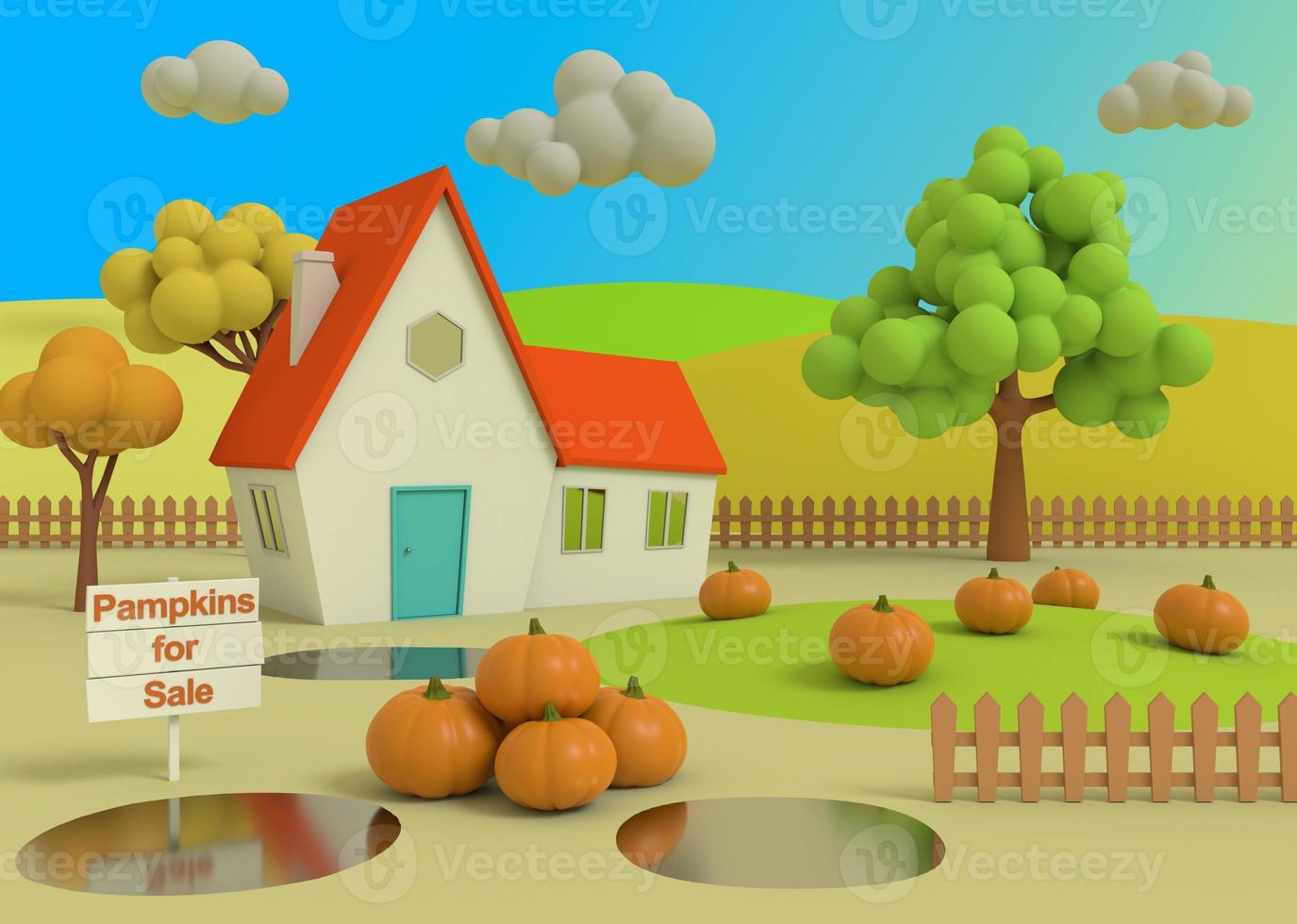 Picturesque rural landscape with harvest in cartoon style. 3D-rendering. House in the field of pumpkins on the background of the autumn priors. photo