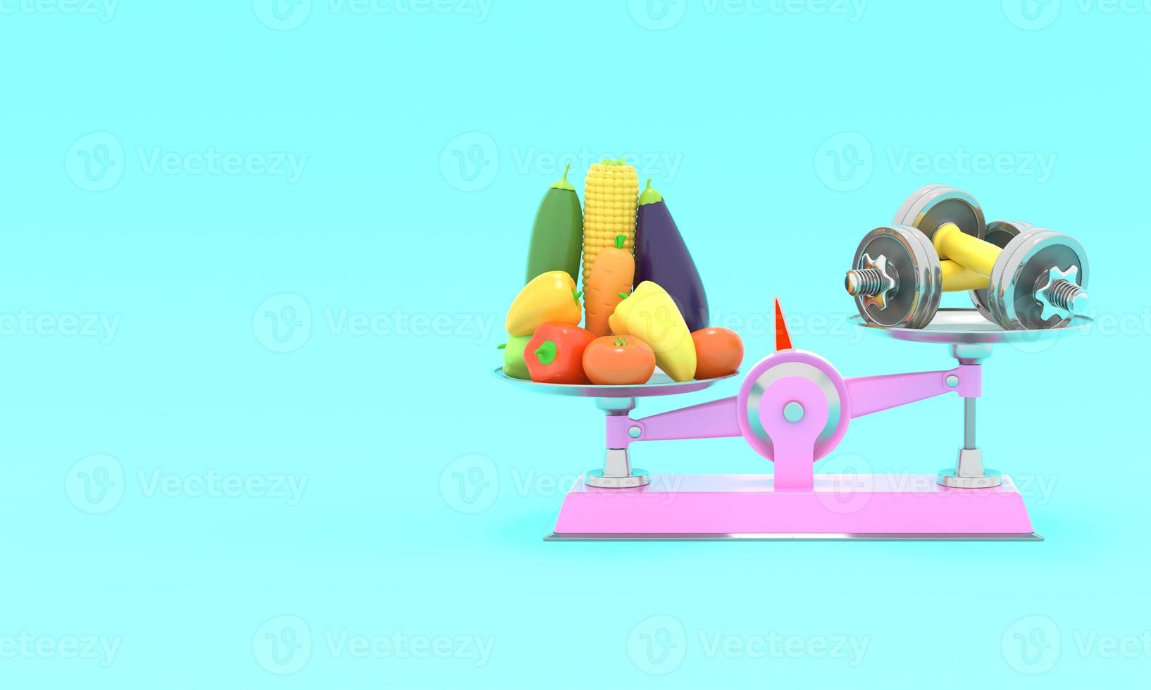 Fresh vegetables and dumbbells on different scales. Conceptual illustration with empty place for text. 3d rendering photo