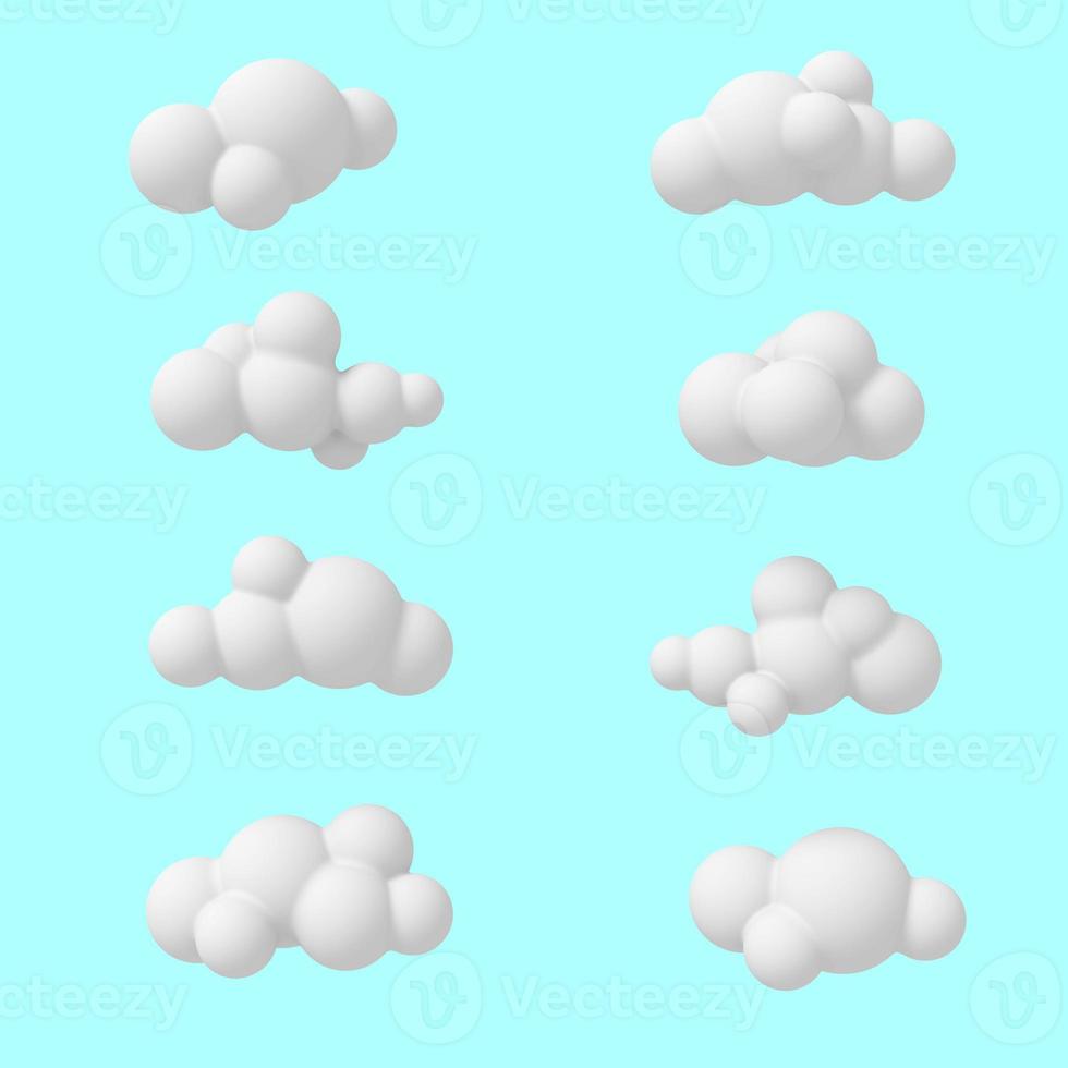 nubes de dibujos animados sobre un fondo de color azul. brillante ilustración abstracta de formas simples. representación 3d foto