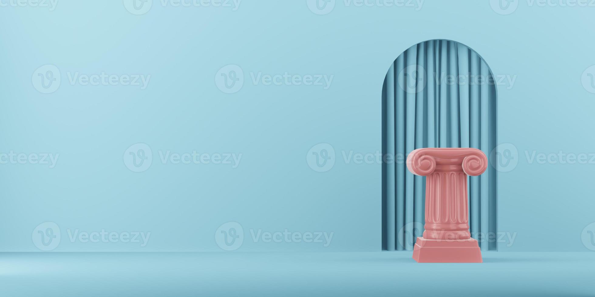 Abstract podium pink column on the blue background with arch. The victory pedestal is a minimalist concept. 3D rendering. photo