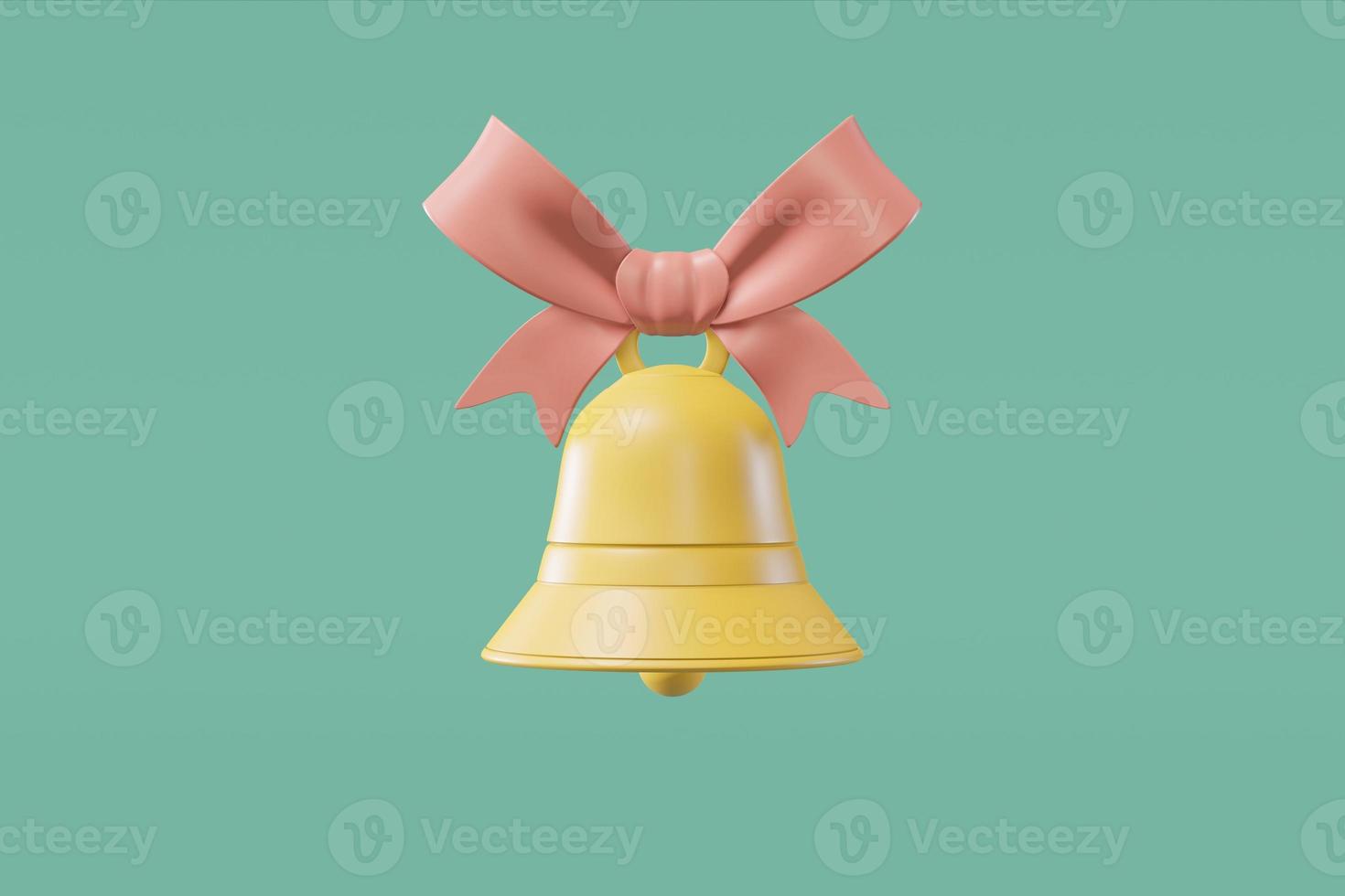campana con una cinta sobre un fondo verde claro en estilo de dibujos animados. ilustración del concepto de tarjeta de navidad, felicitación, invitación. representación 3d foto