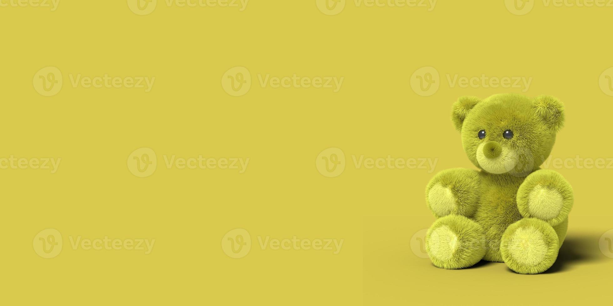 Yellow toy bear is sitting on the floor on a yellow background. Abstract image. Minimal concept toys business. 3D render. photo