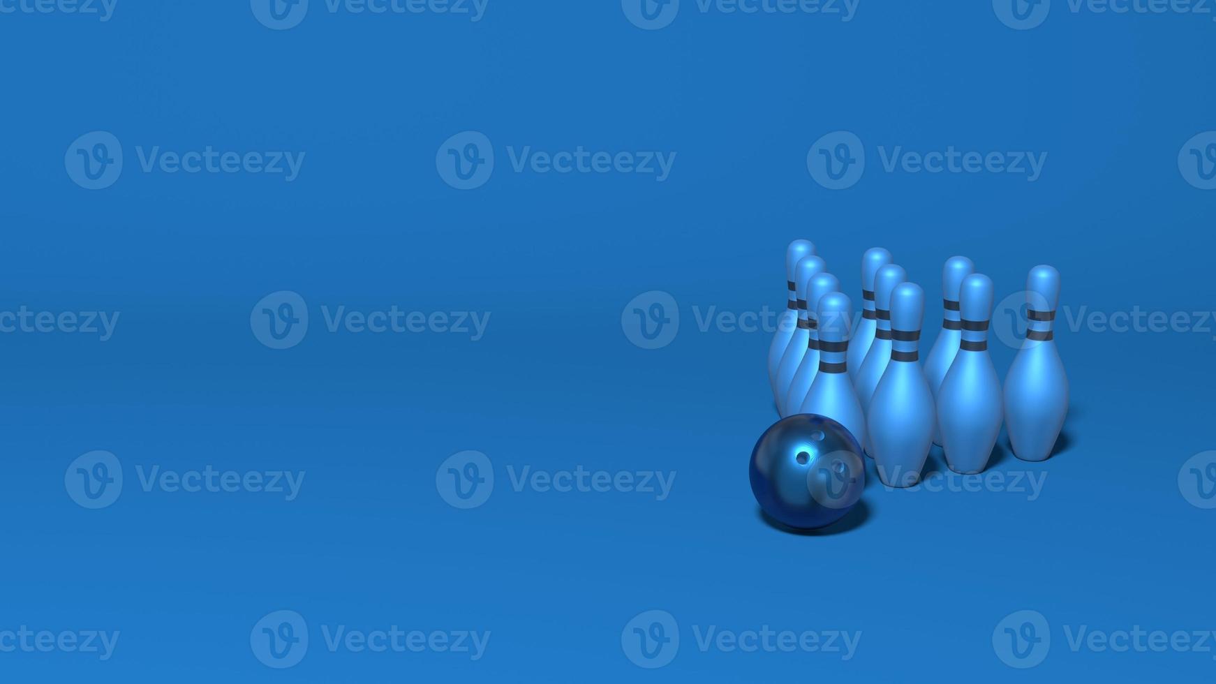 Bowling skittles stand a pyramid. Stylish minimal abstract horizontal scene, place for text. Trendy classic blue color. 3D rendering photo