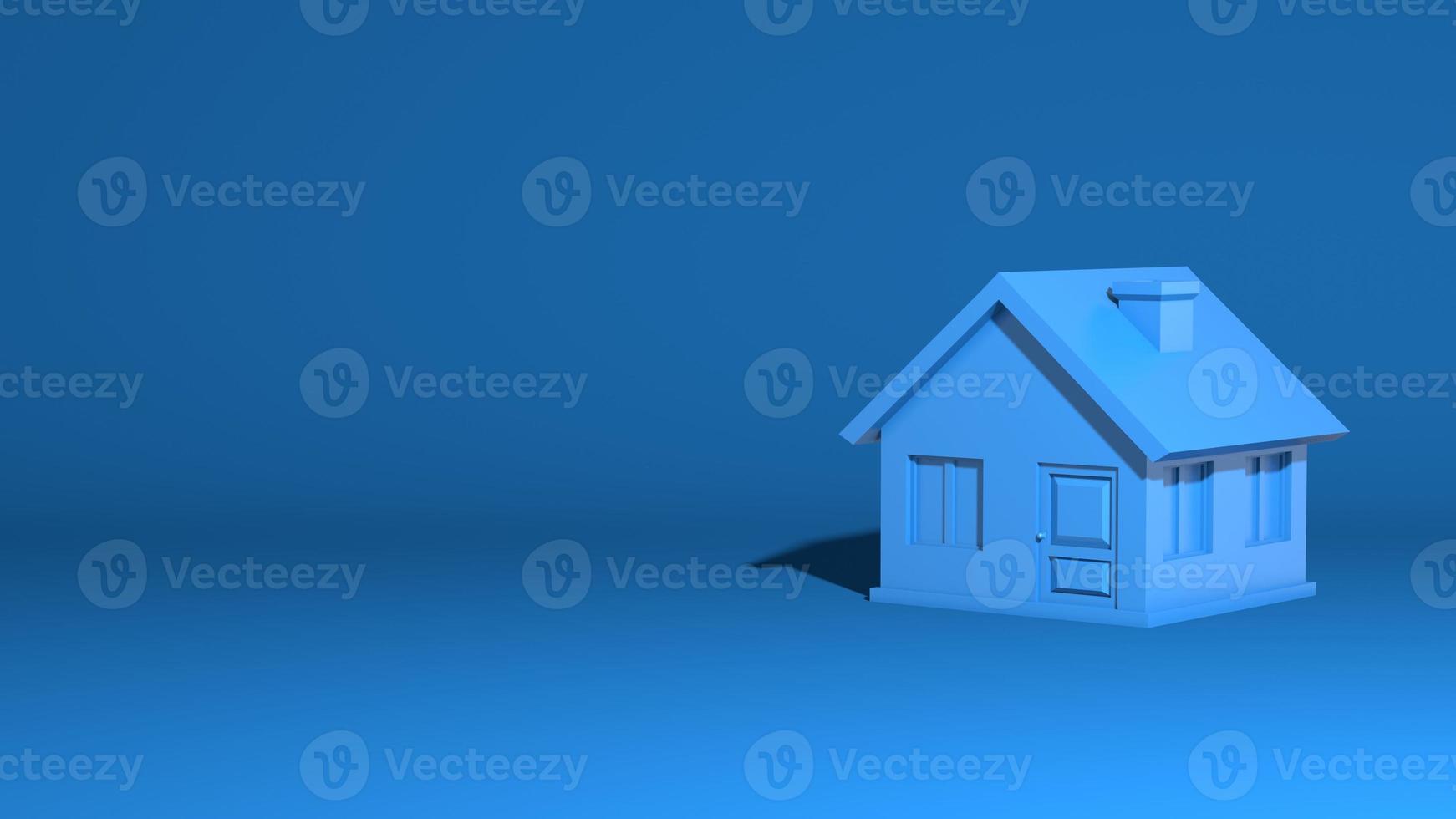 Simple little house, model. One-story village building. Stylish minimal abstract horizontal scene, place for text. Trendy classic blue color. 3D rendering photo