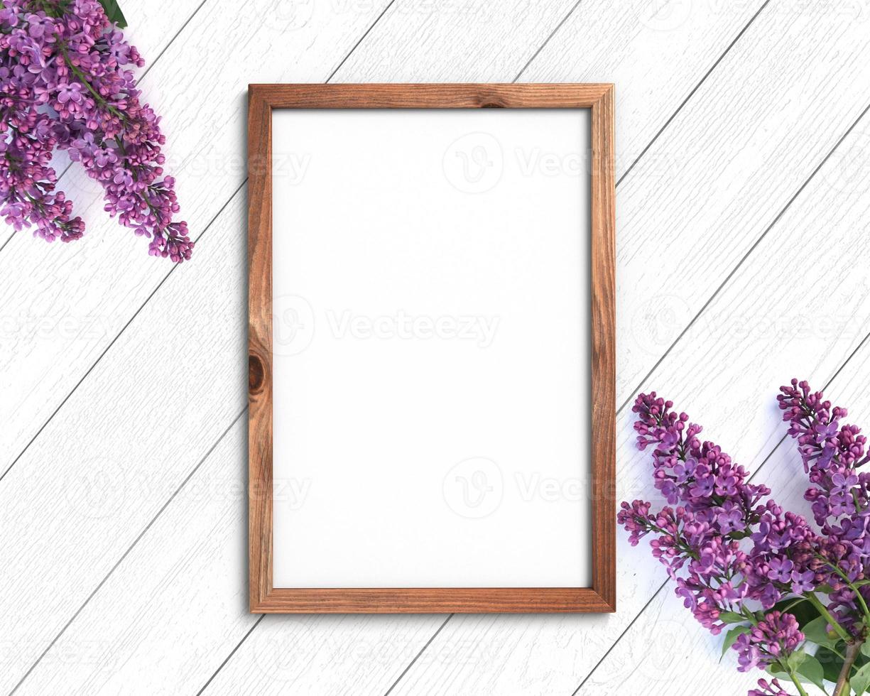 Wooden frame mockup on a painted white background. 2x3 Vertical Portrait photo