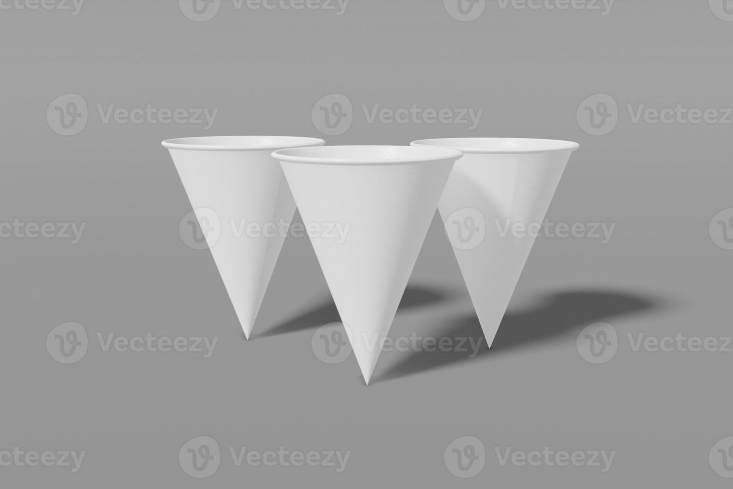 Set of three white paper mockup cups cone shaped on a grey background. 3D rendering photo