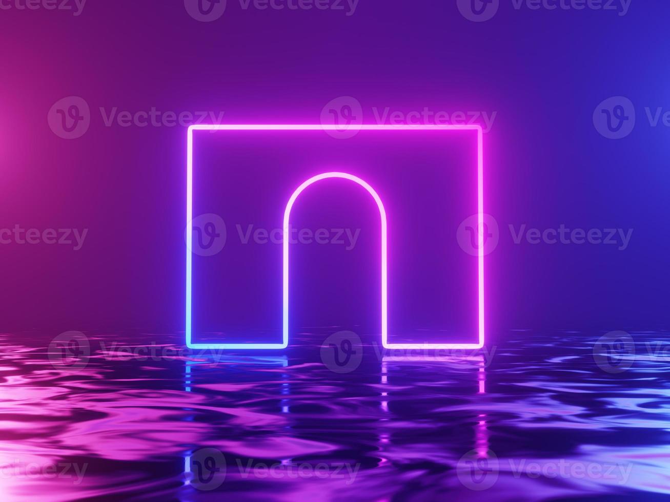 arco brillante de neón, puerta, portal, entrada, fondo abstracto azul y rosa. representación 3d foto