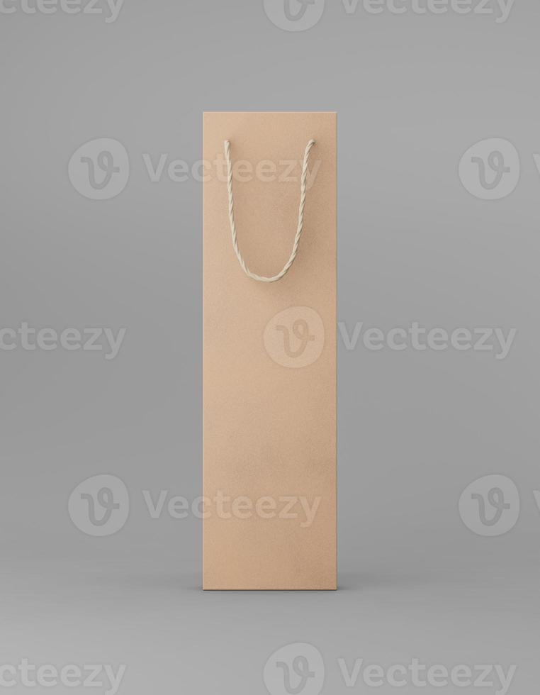 bolsa de maqueta de embalaje ecológico papel kraft con asa en la parte delantera. plantilla marrón alta y estrecha sobre publicidad promocional de fondo gris. representación 3d foto