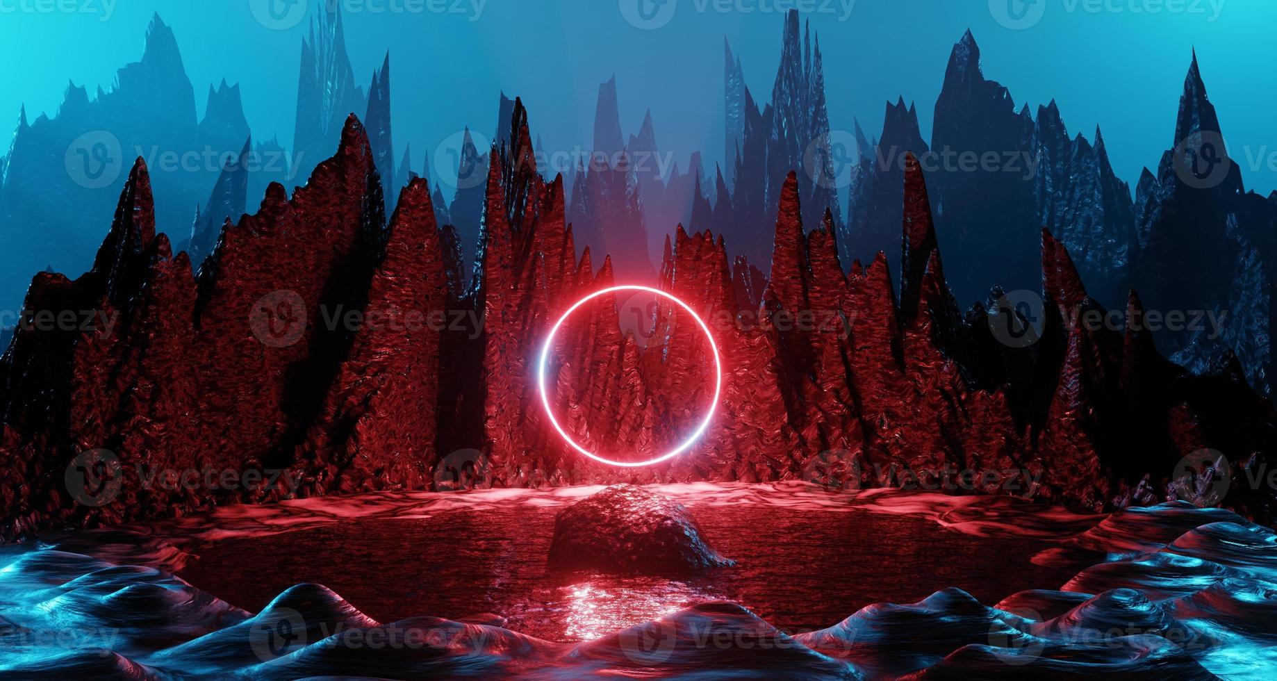 Sci fi alien planet landscape futuristic rock surreal lighting space travel glow ring red neon light 3D rendering photo