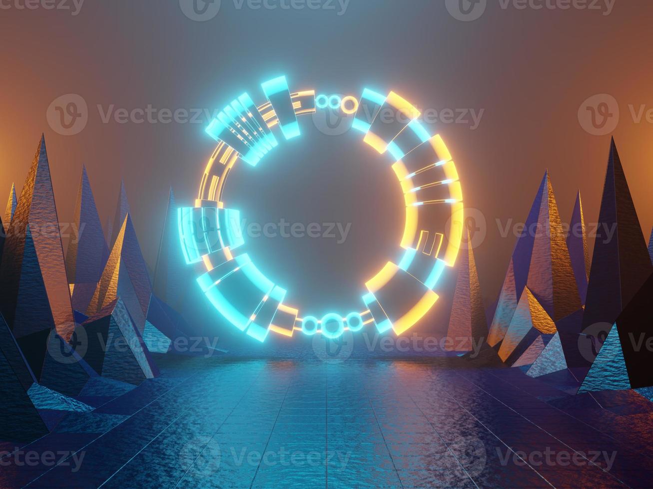 Neon glowing gate, portal, entrance, abstract green and orange background. 3d rendering. photo