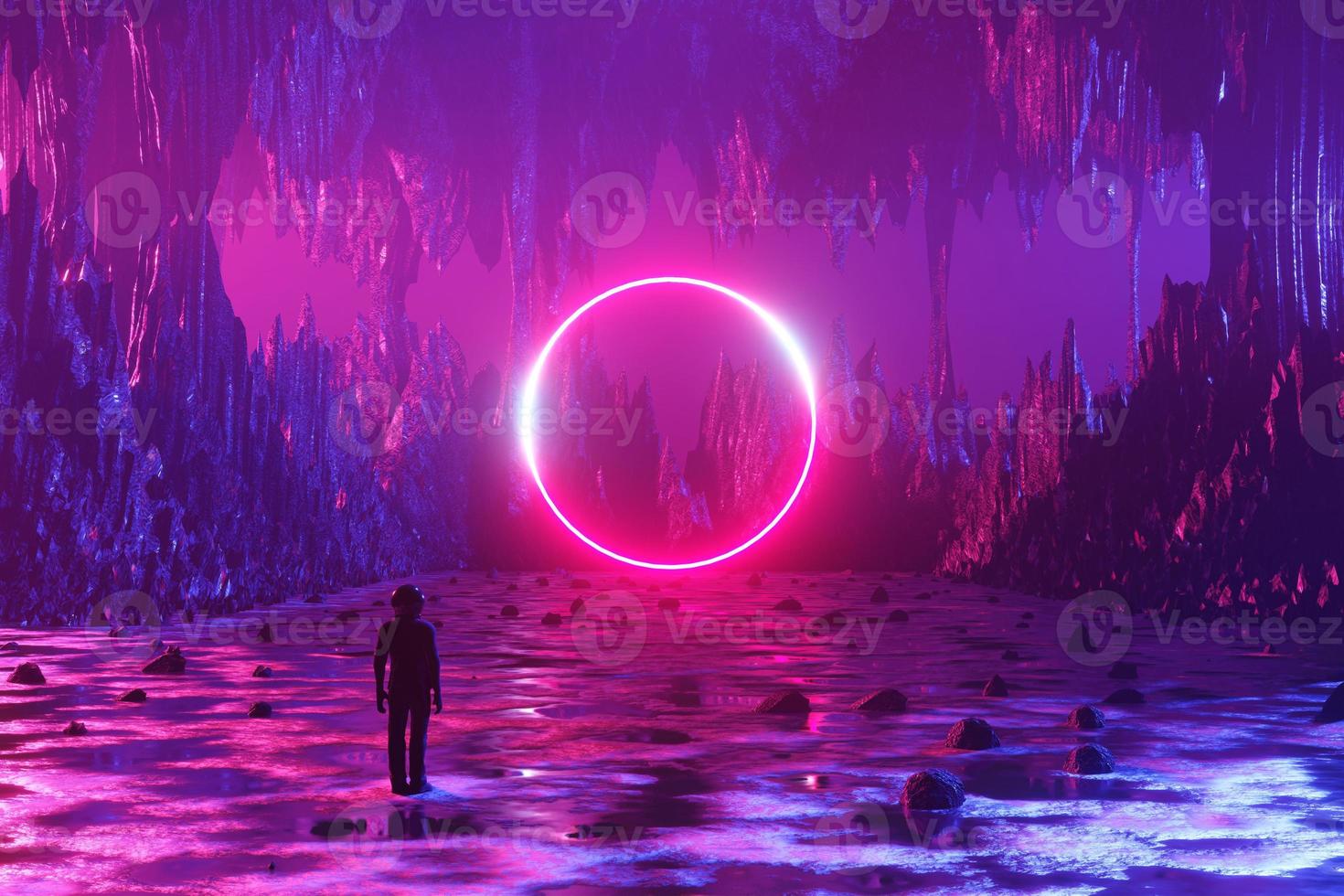 un hombre, un astronauta, se para en la superficie de un planeta alienígena y mira un círculo de neón. silueta contra el telón de fondo de un paisaje fantástico. representación 3d foto