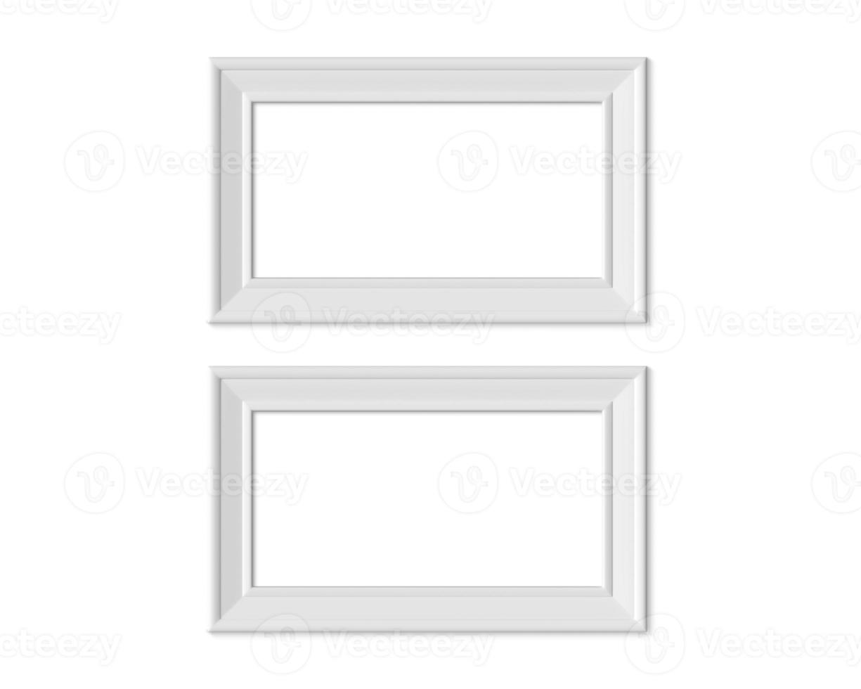 establecer 2 maquetas de marco de imagen de paisaje horizontal de 1x2. papel realista, madera o plástico blanco en blanco. plantilla de maqueta de marco de póster aislado sobre fondo blanco. procesamiento 3d foto