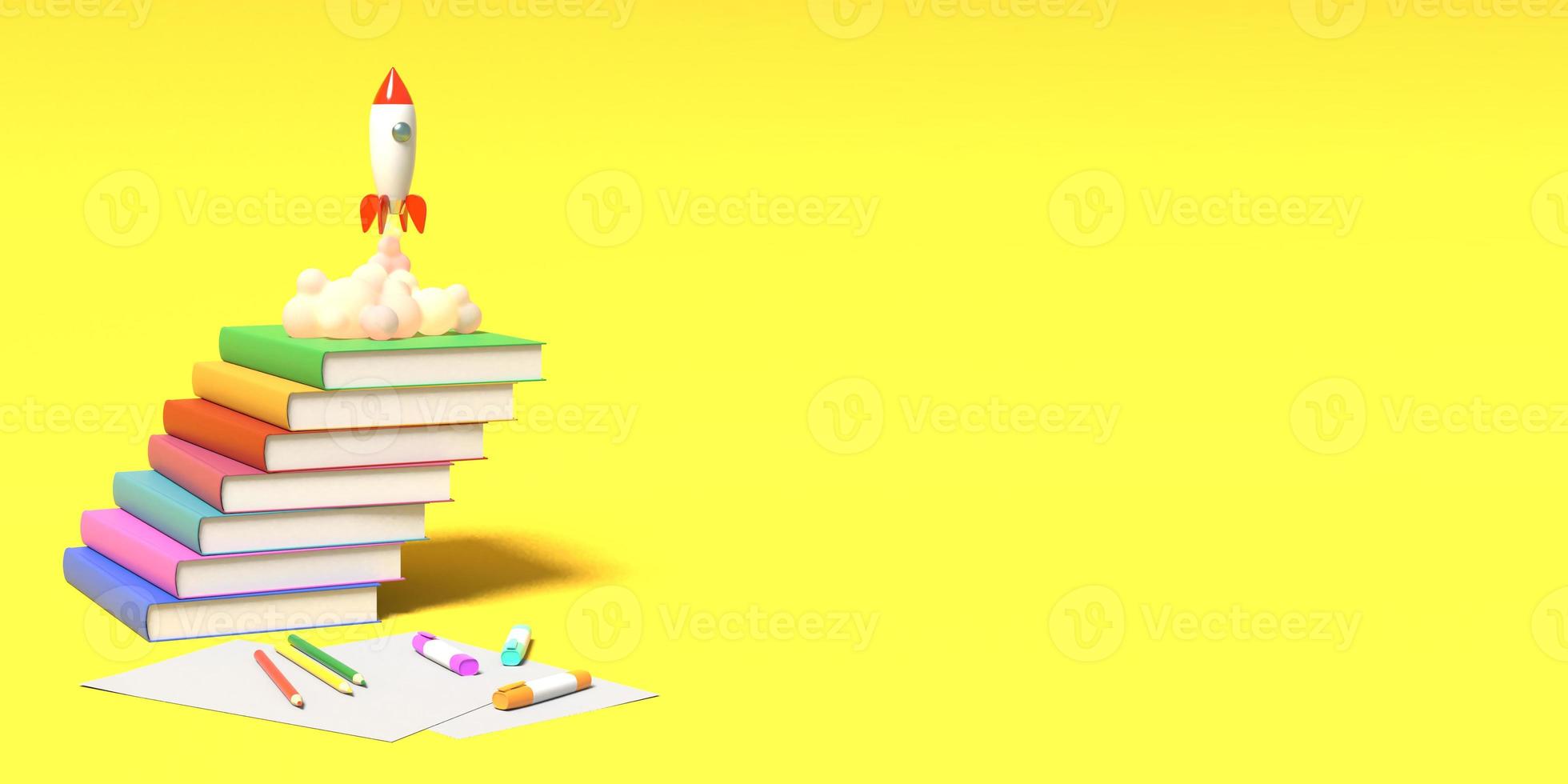 Toy rocket takes off from the books spewing smoke on a yellow background. Symbol of desire for education and knowledge. School illustration. 3D rendering. photo