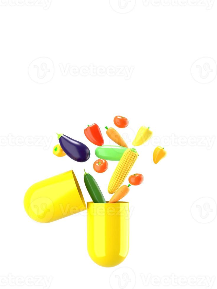 Fresh vegetables fly out of the pill. Conceptual illustration of nutritional supplements with empty space for text. 3D rendering. photo