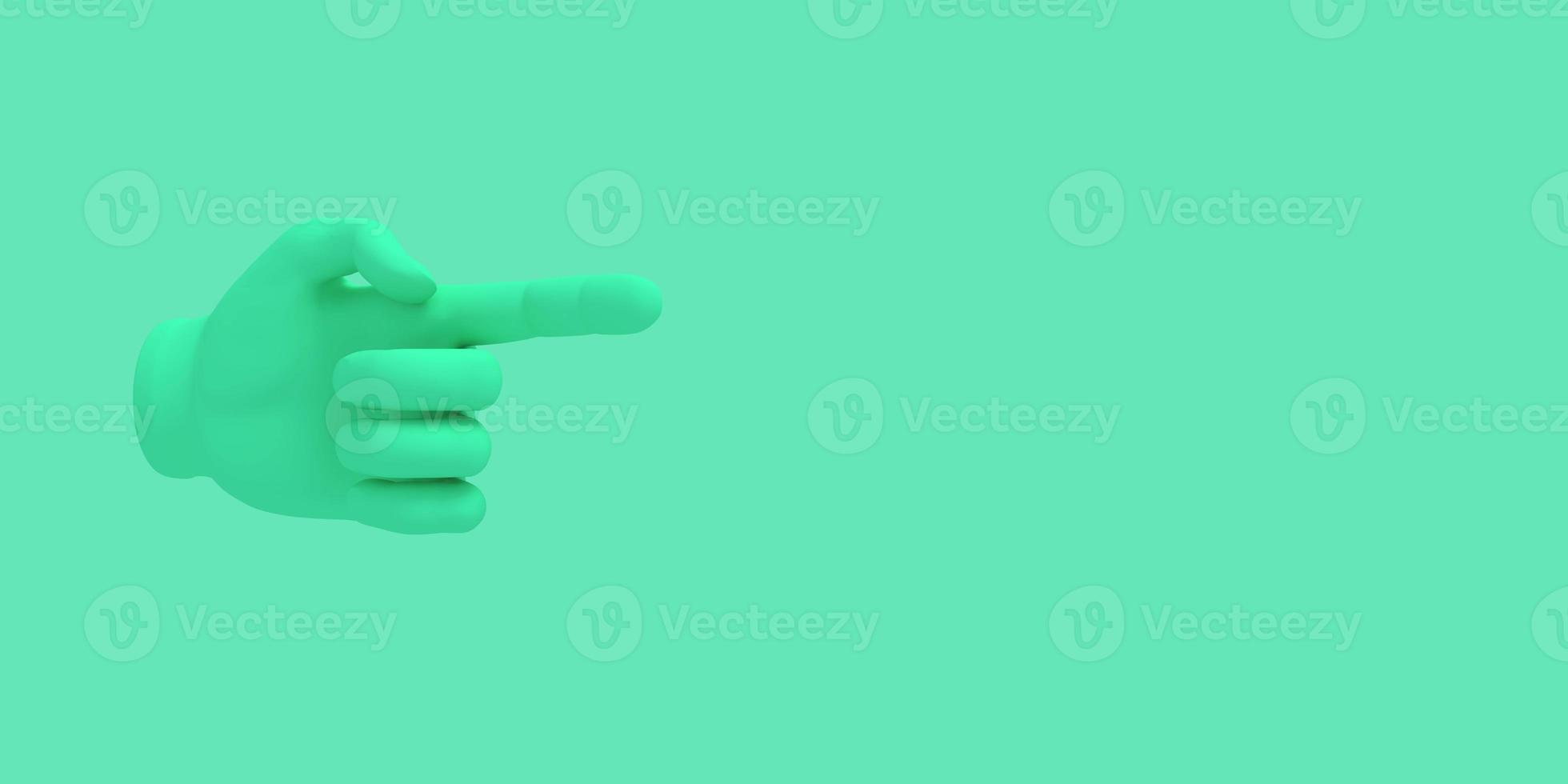 Cartoon hand with index finger.. Illustration on green color background. 3D-rendering. photo