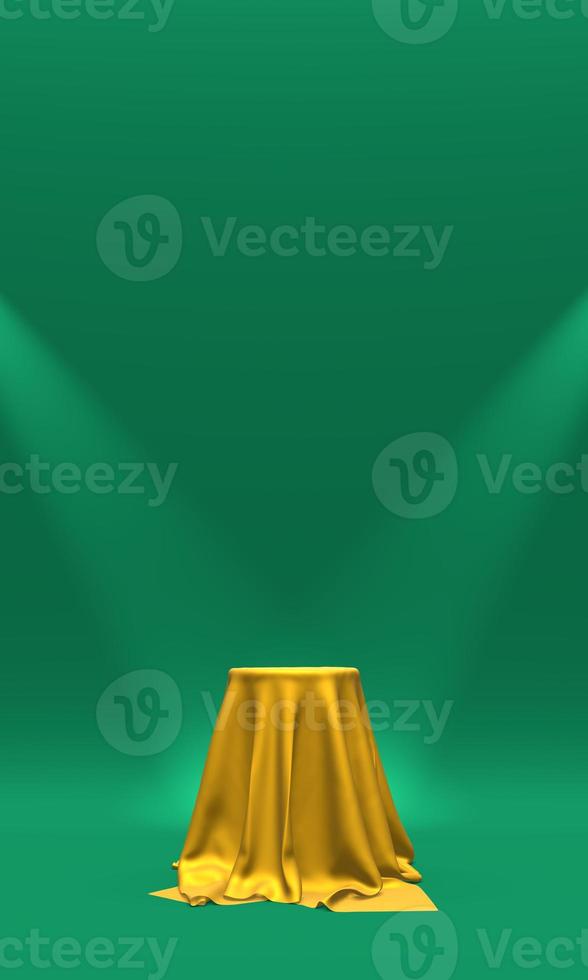 Podium, pedestal or platform covered with gold cloth illuminated by spotlights on green background. Abstract illustration of simple geometric shapes. 3D rendering. photo