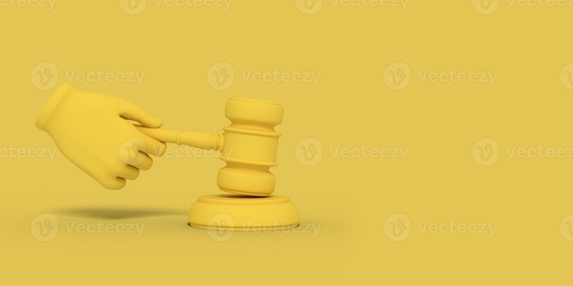 Cartoon hand is holding a judge's gavel. Illustration on yellow color background. 3D-rendering. photo