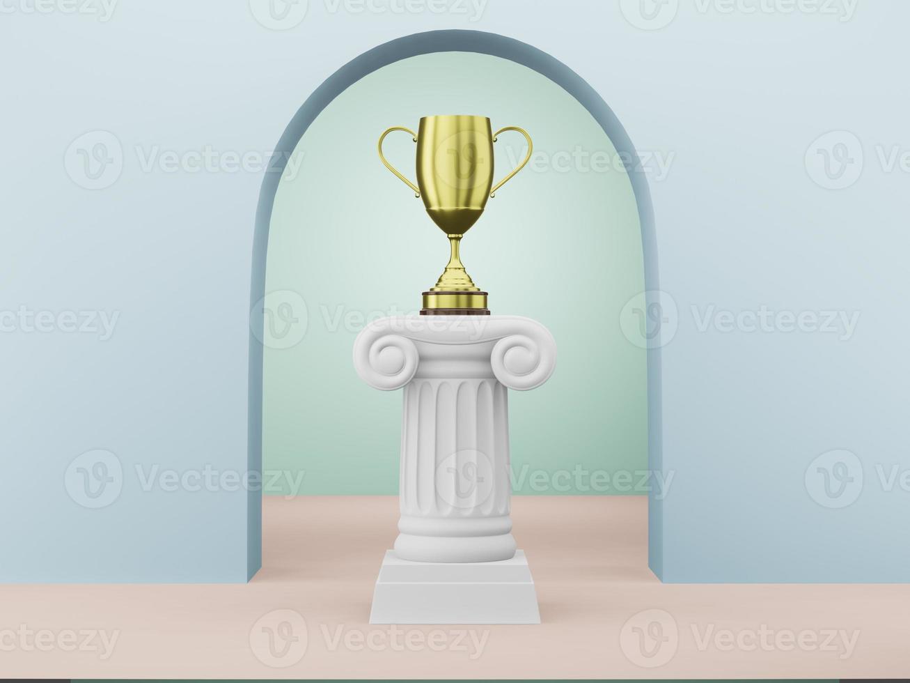 Abstract podium column with a golden trophy on the blue background with arch. The victory pedestal is a minimalist concept. 3D rendering. photo