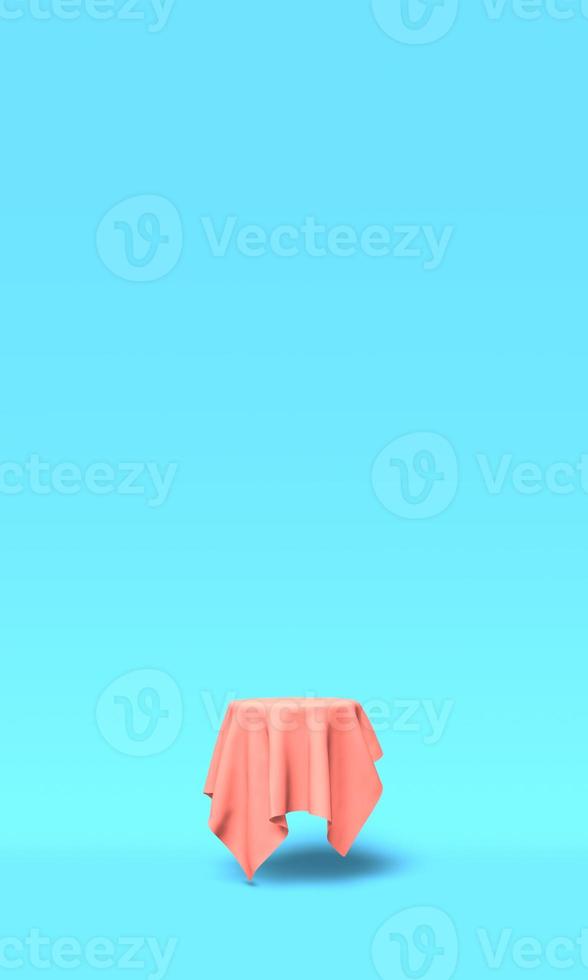 Podium, pedestal or platform covered with pink cloth on blue background. Abstract illustration of simple geometric shapes. 3D rendering. photo