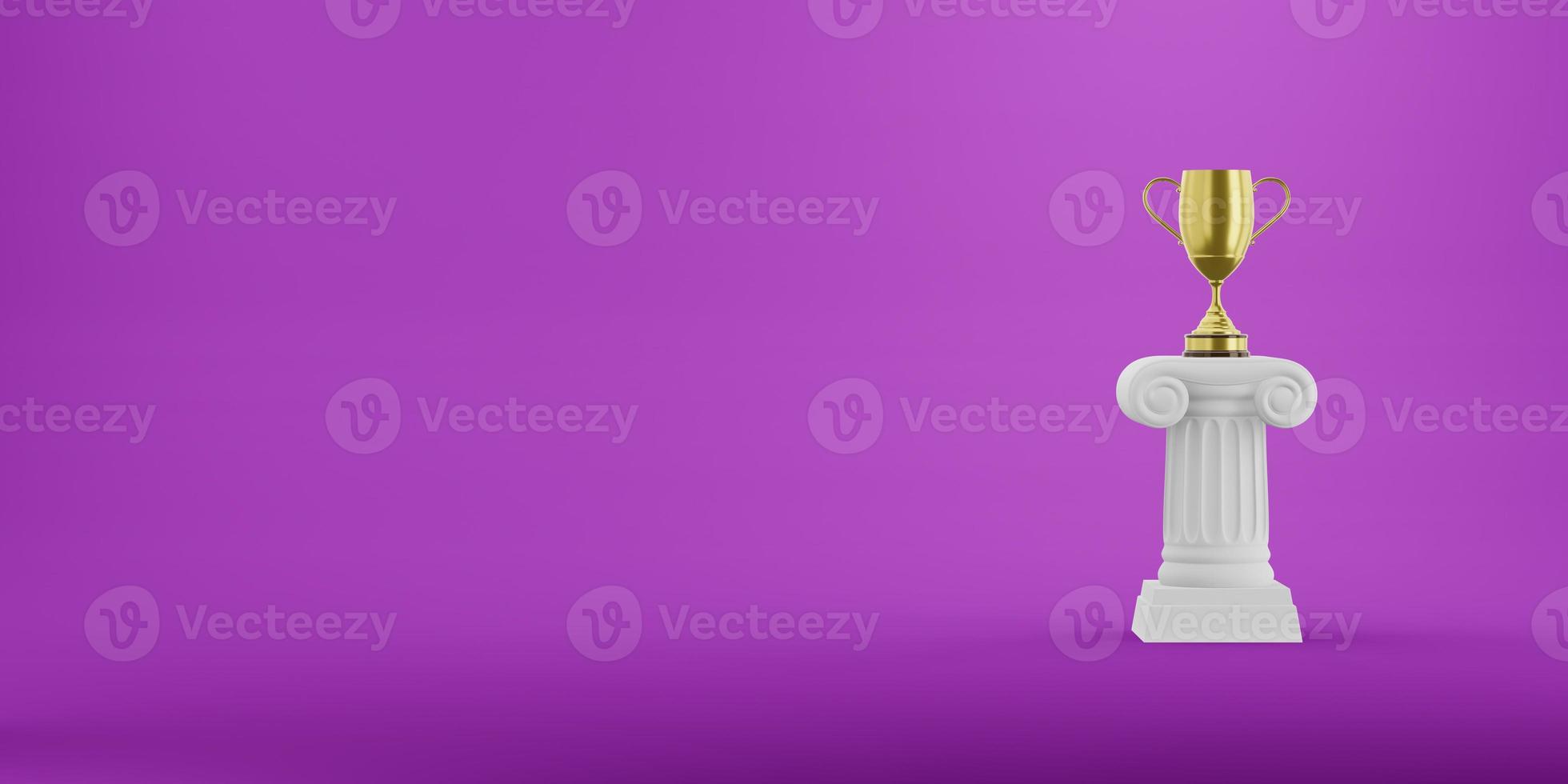 Abstract podium column with a golden trophy on the fuchsia background. The victory pedestal is a minimalist concept. Free space for text. 3D rendering. photo