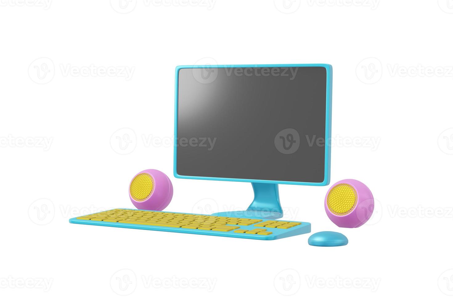 Computer cartoon style isolated white background. Realistic concept toy monitor, speaker, keyboard blue pink illustration. 3D rendering photo