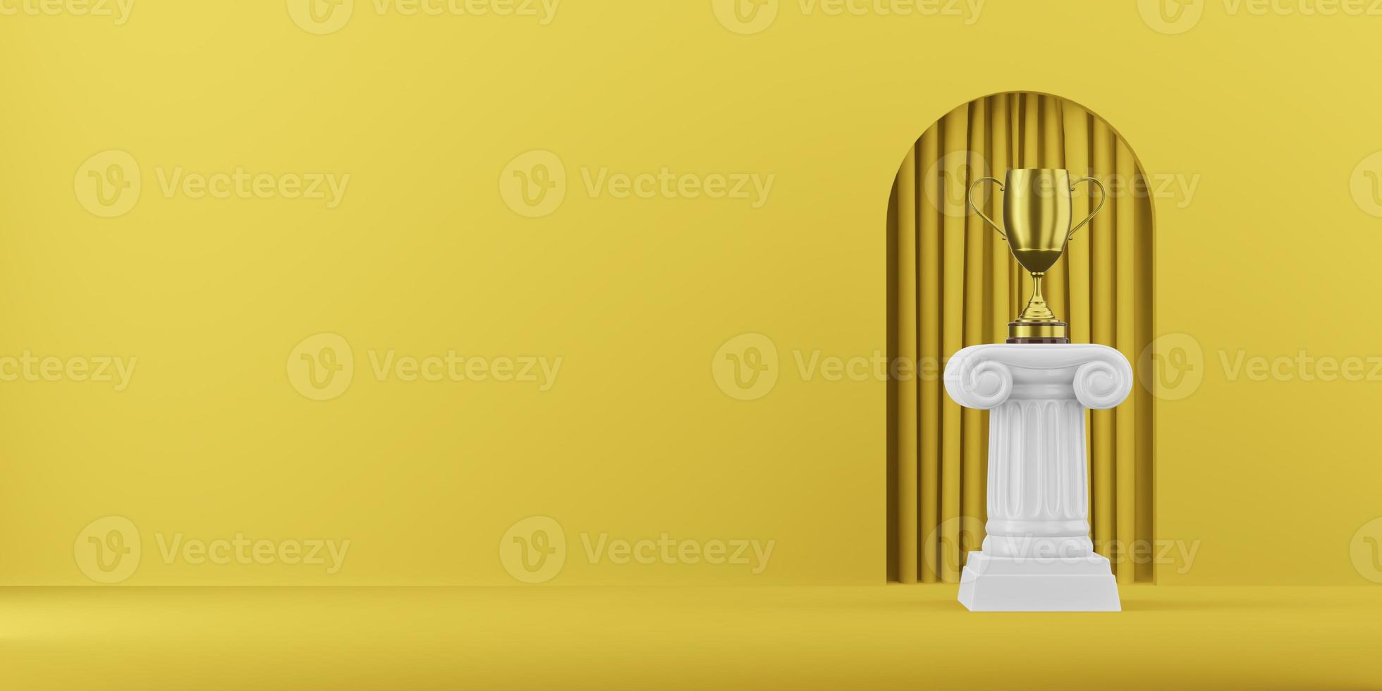 Abstract podium column with a golden trophy on the yellow background with arch. The victory pedestal is a minimalist concept. 3D rendering. photo