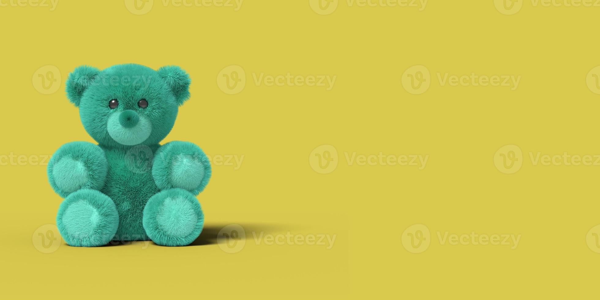 Blue toy bear is sitting on the floor on a yellow background. Abstract image. Minimal concept toys business. 3D render. photo
