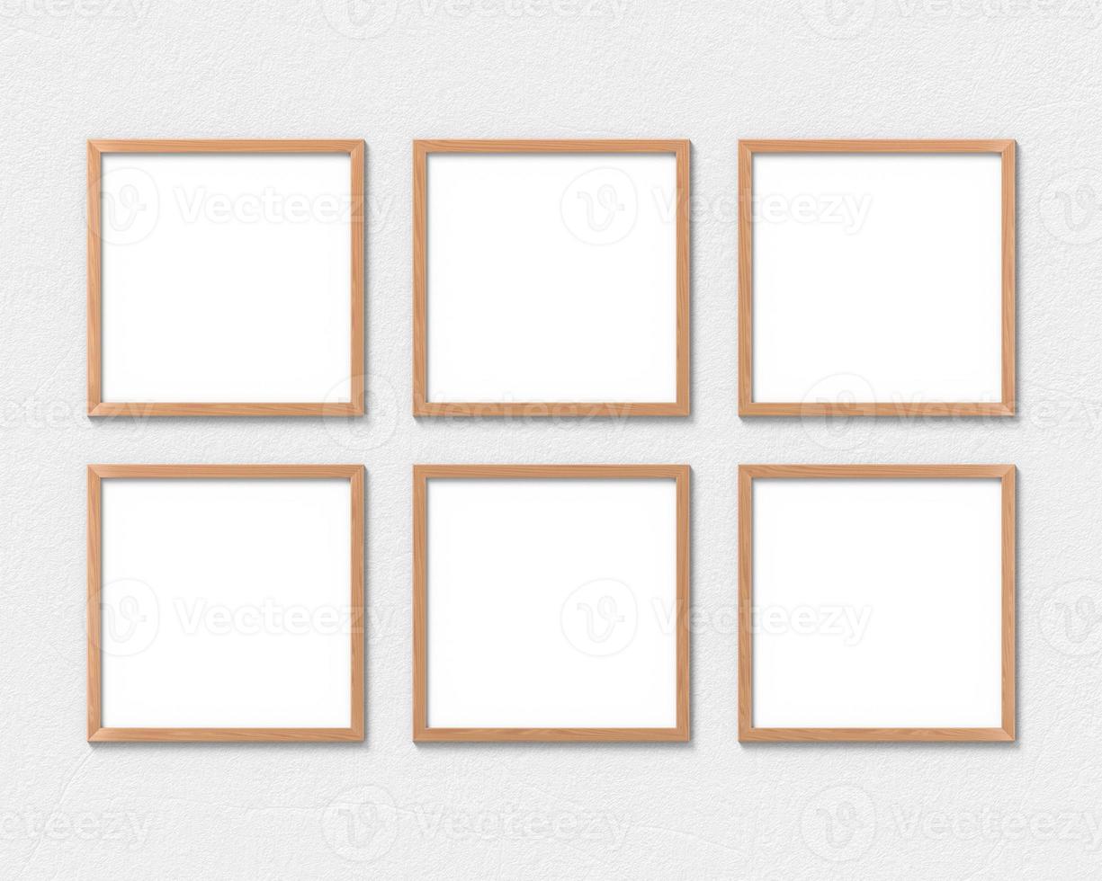 Set of 6 square wooden frames mockup hanging on the wall. Empty base for picture or text. 3D rendering. photo