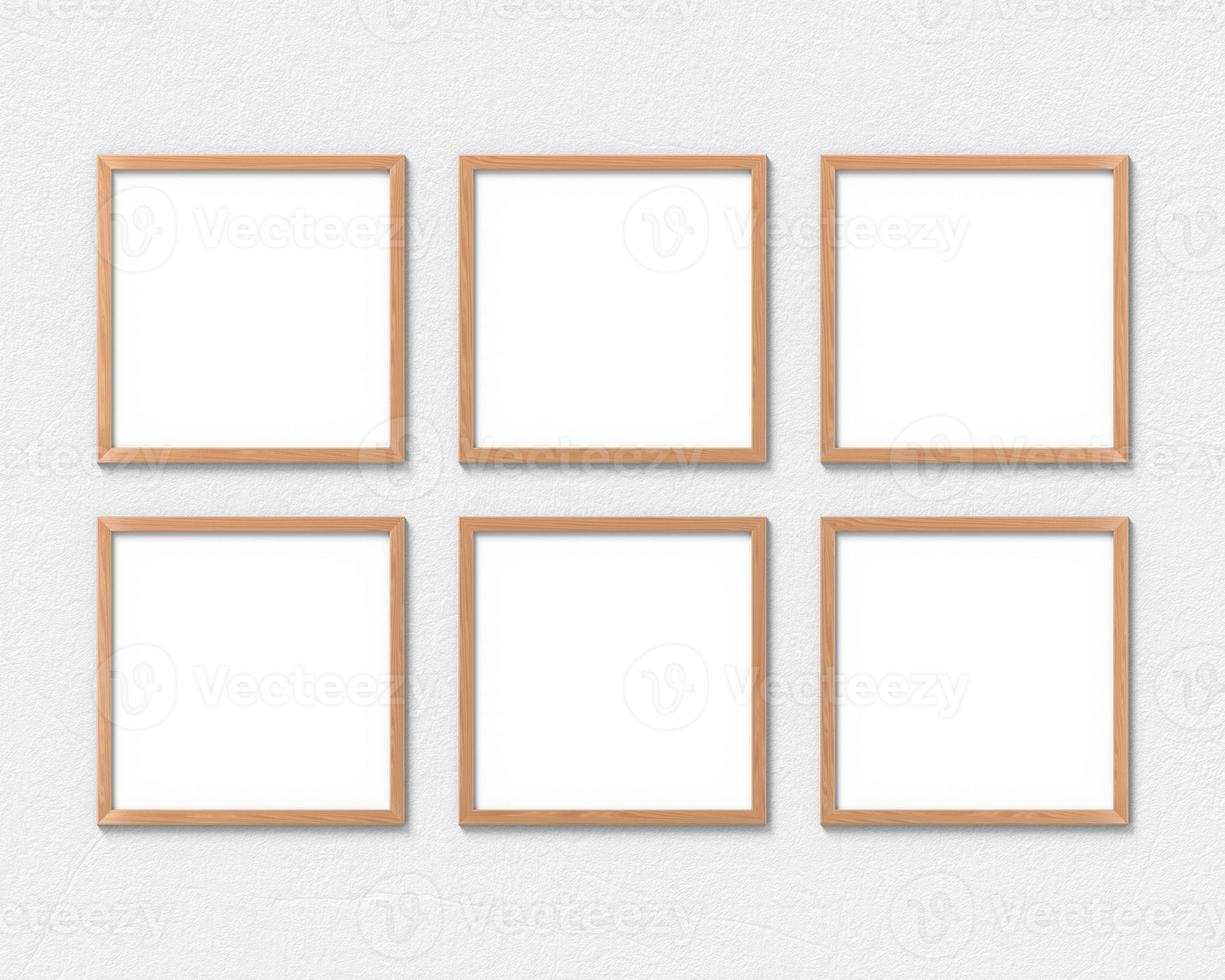 Set of 6 square wooden frames mockup hanging on the wall. Empty base for picture or text. 3D rendering. photo