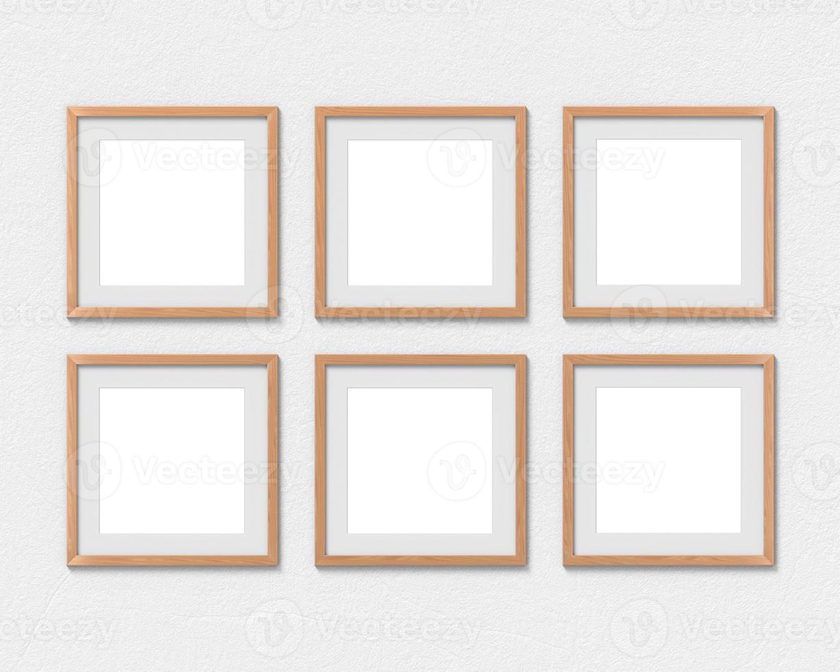 Set of 6 square wooden frames mockup with a border hanging on the wall. Empty base for picture or text. 3D rendering. photo