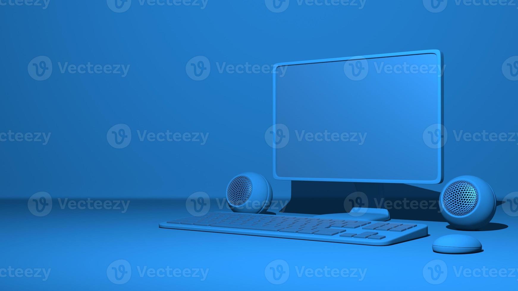 Personal computer, monitor, keyboard, mouse, speakers. Stylish minimal abstract horizontal scene, place for text. Trendy classic blue color. 3D rendering photo