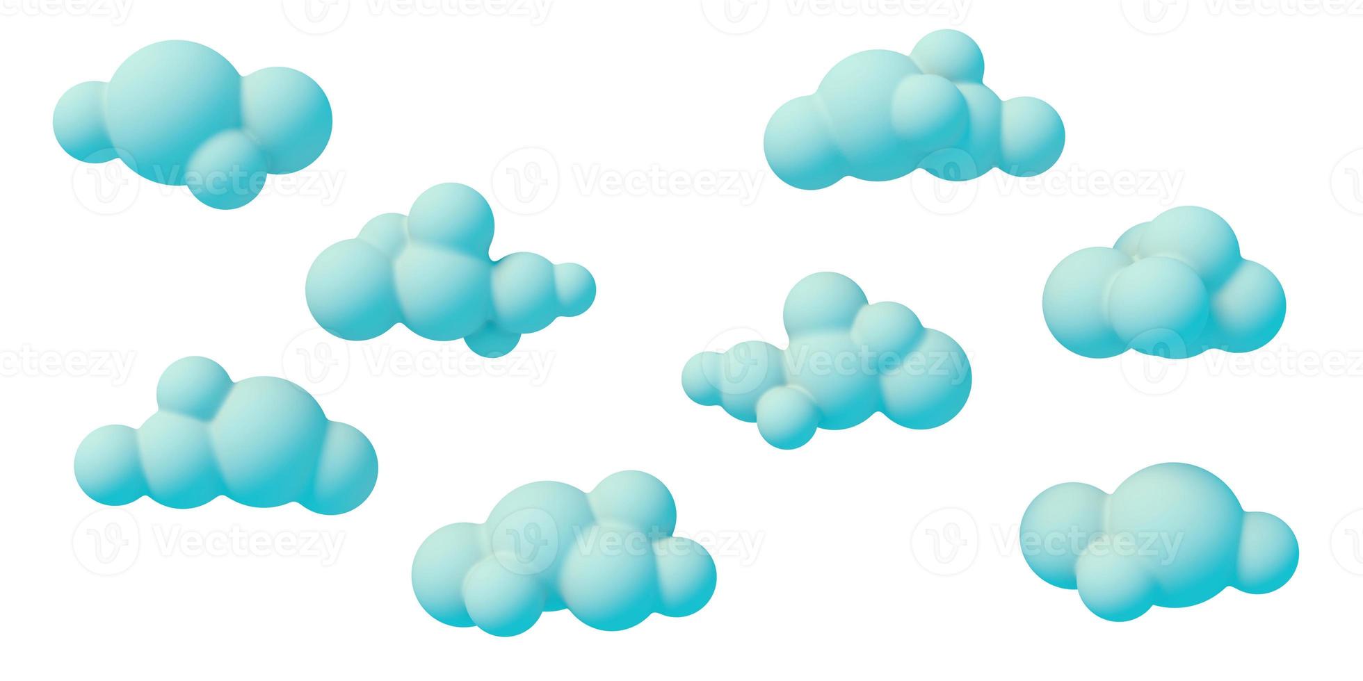 Cartoon blue clouds on a white colored background. Bright abstract illustration of simple shapes. 3D rendering. photo