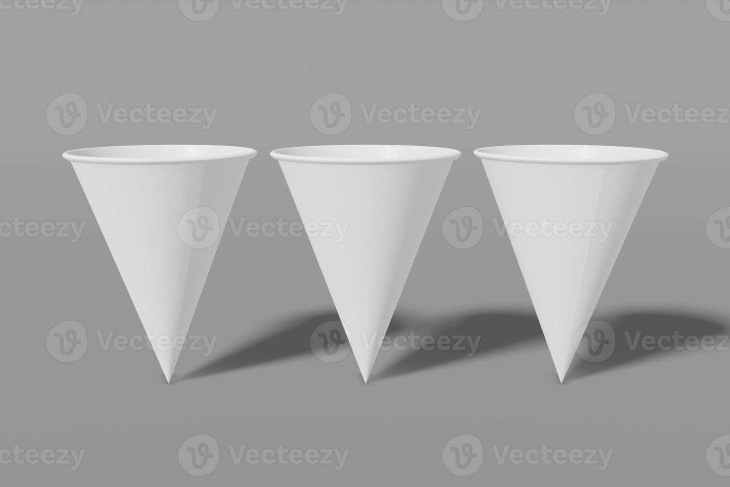 juego de tres vasos de maqueta de papel blanco en forma de cono sobre un fondo gris. representación 3d foto