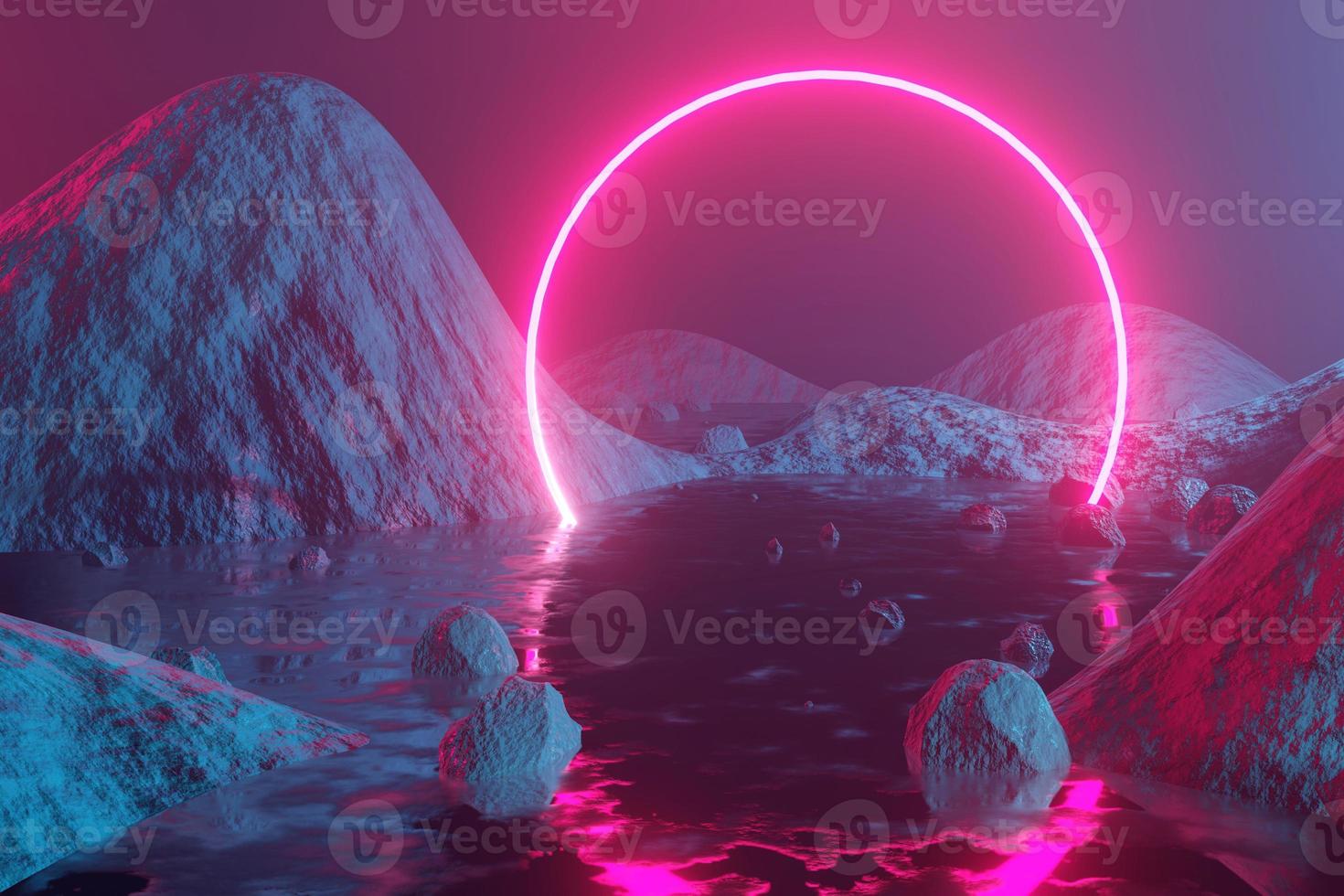 Glowing neon circle, portal, gate against the backdrop of a red-blue abstract fantastic landscape. 3D rendering photo