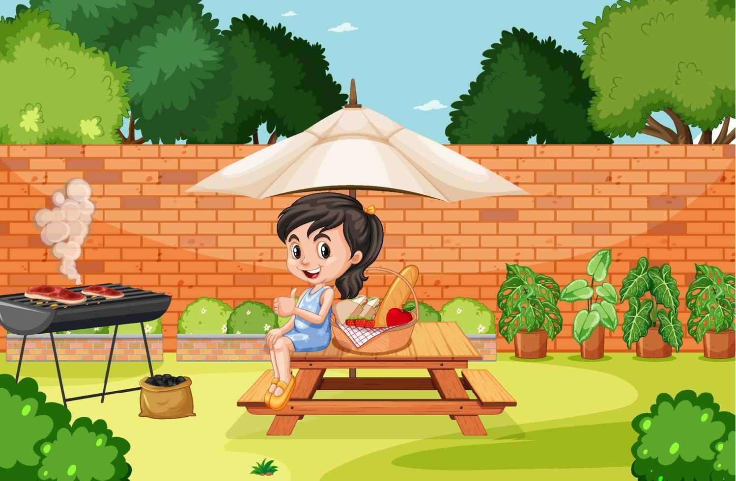 escena de patio trasero con niño y barbacoa. vector