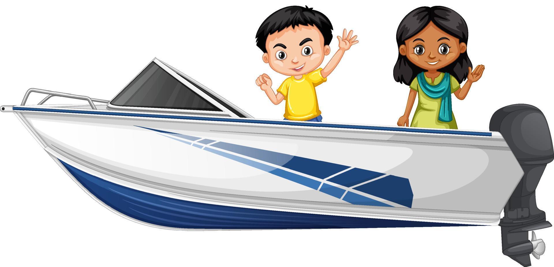 Boy and girl standing on a speeding boat on a white background vector