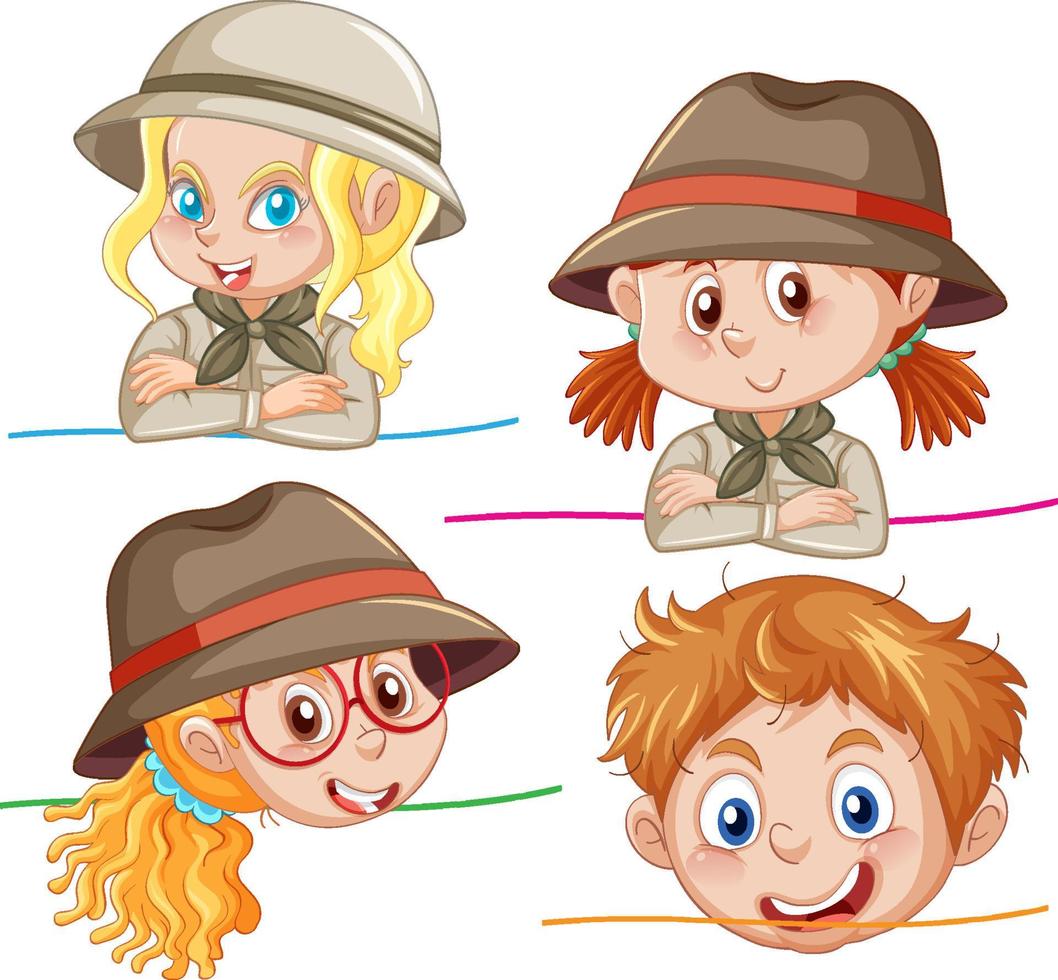 A set kids in safari outfit waving on white background vector