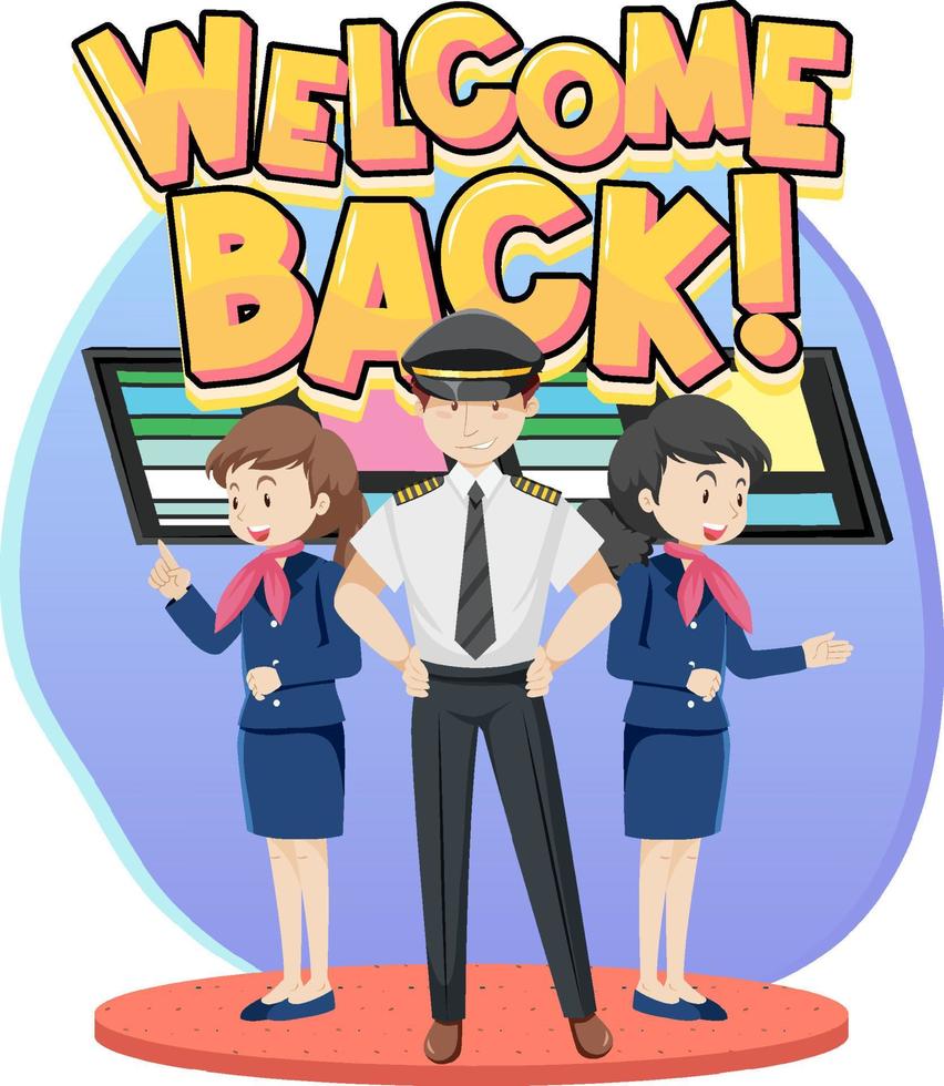 Welcome Back typography logo with aircrews cartoon characters vector