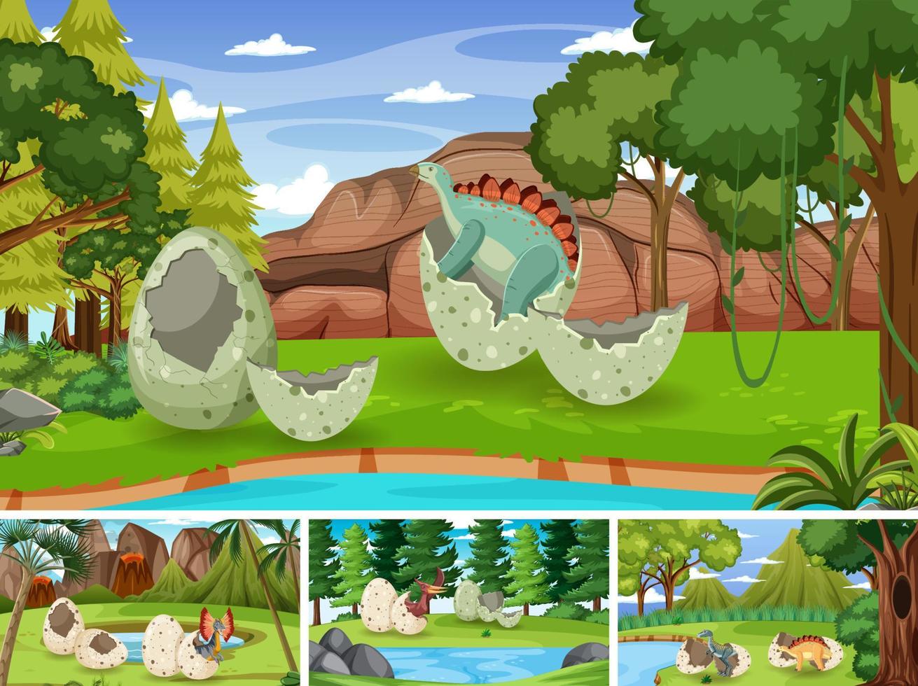 escena con dinosaurios en el bosque vector