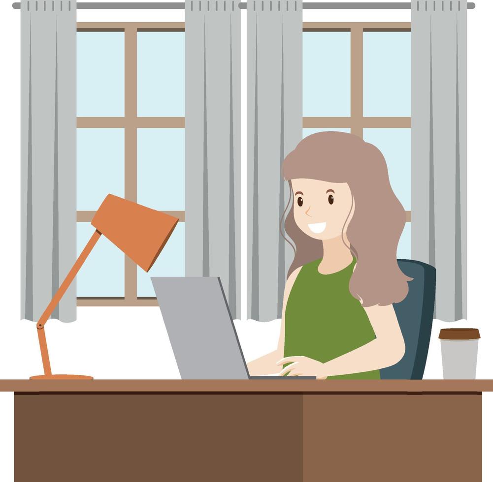 A woman working using laptop flat design vector