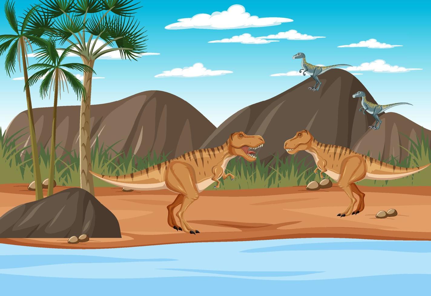 escena con dinosaurios en el bosque vector