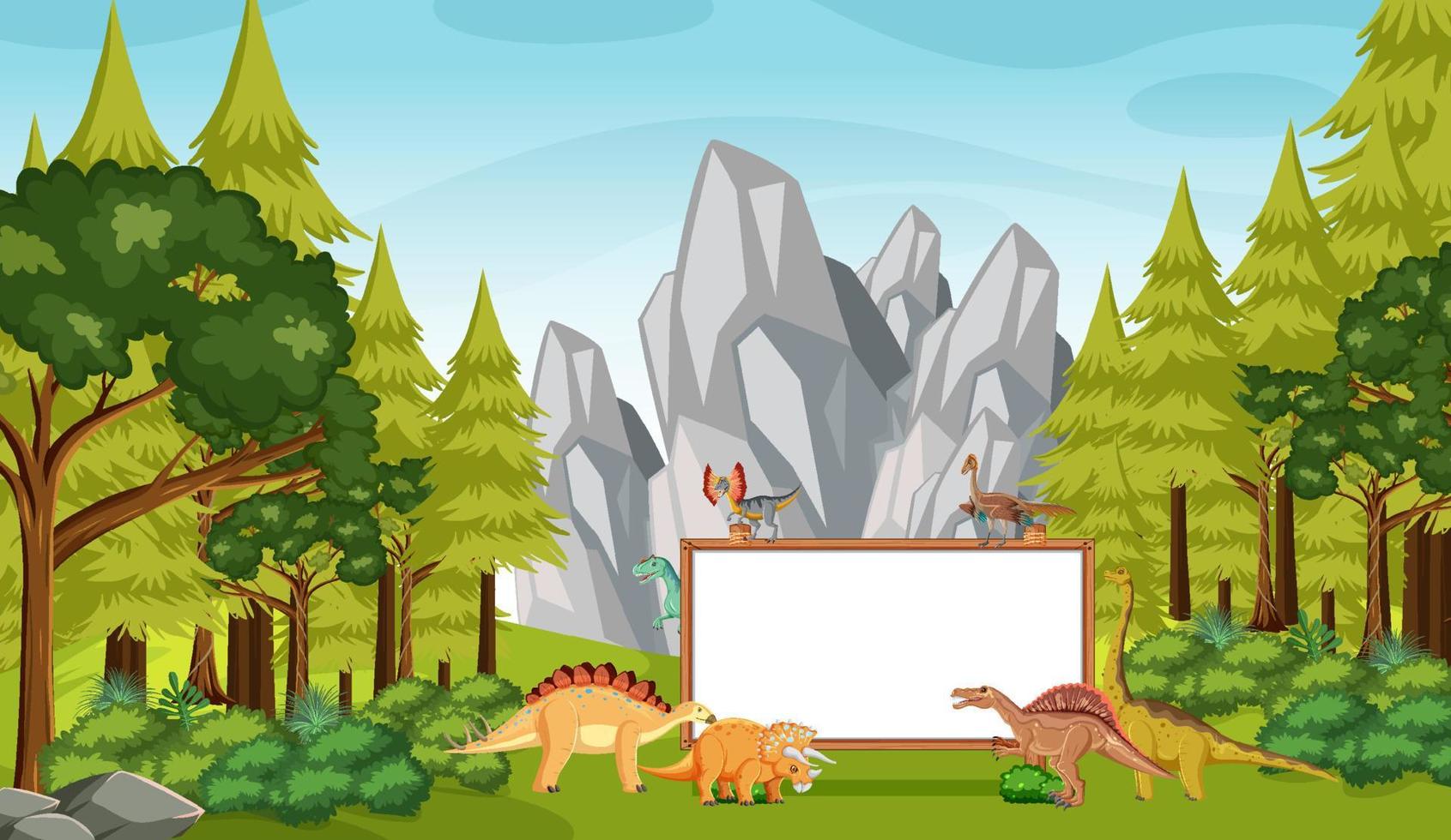 Scene with dinosaurs and whiteboard in the forest vector