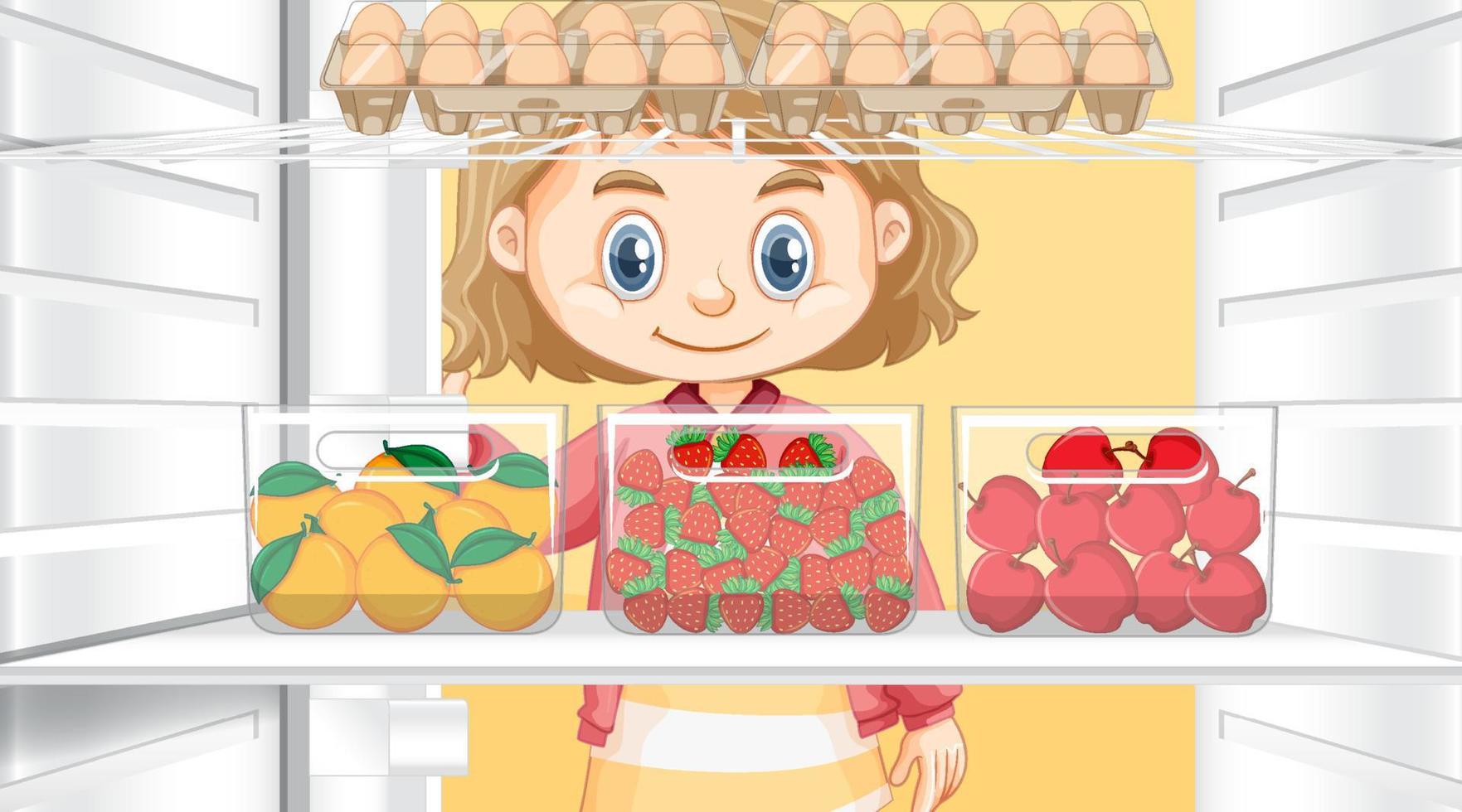 Girl looking at food in fridge vector