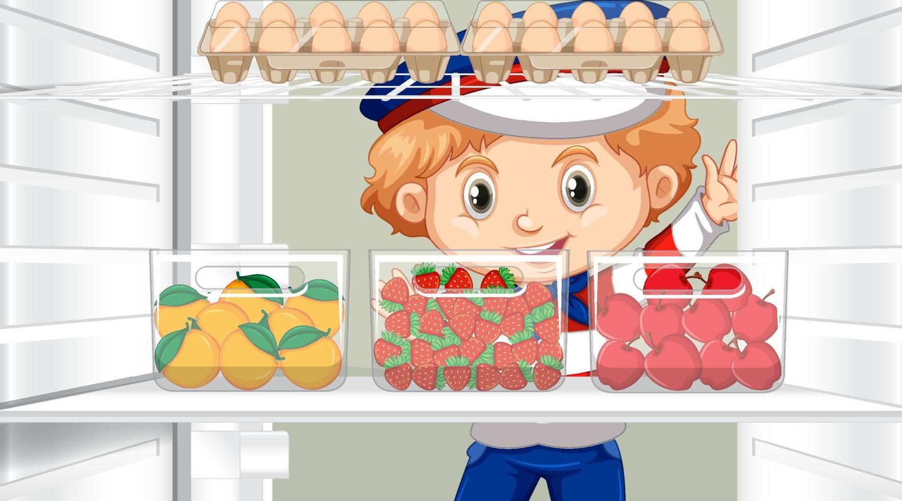 Boy looking at food in fridge vector