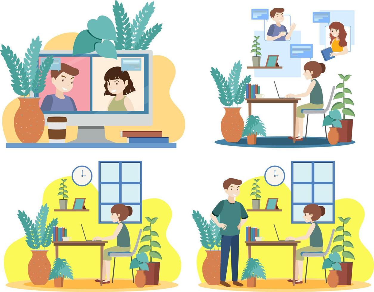 Four scenes of people working at home vector