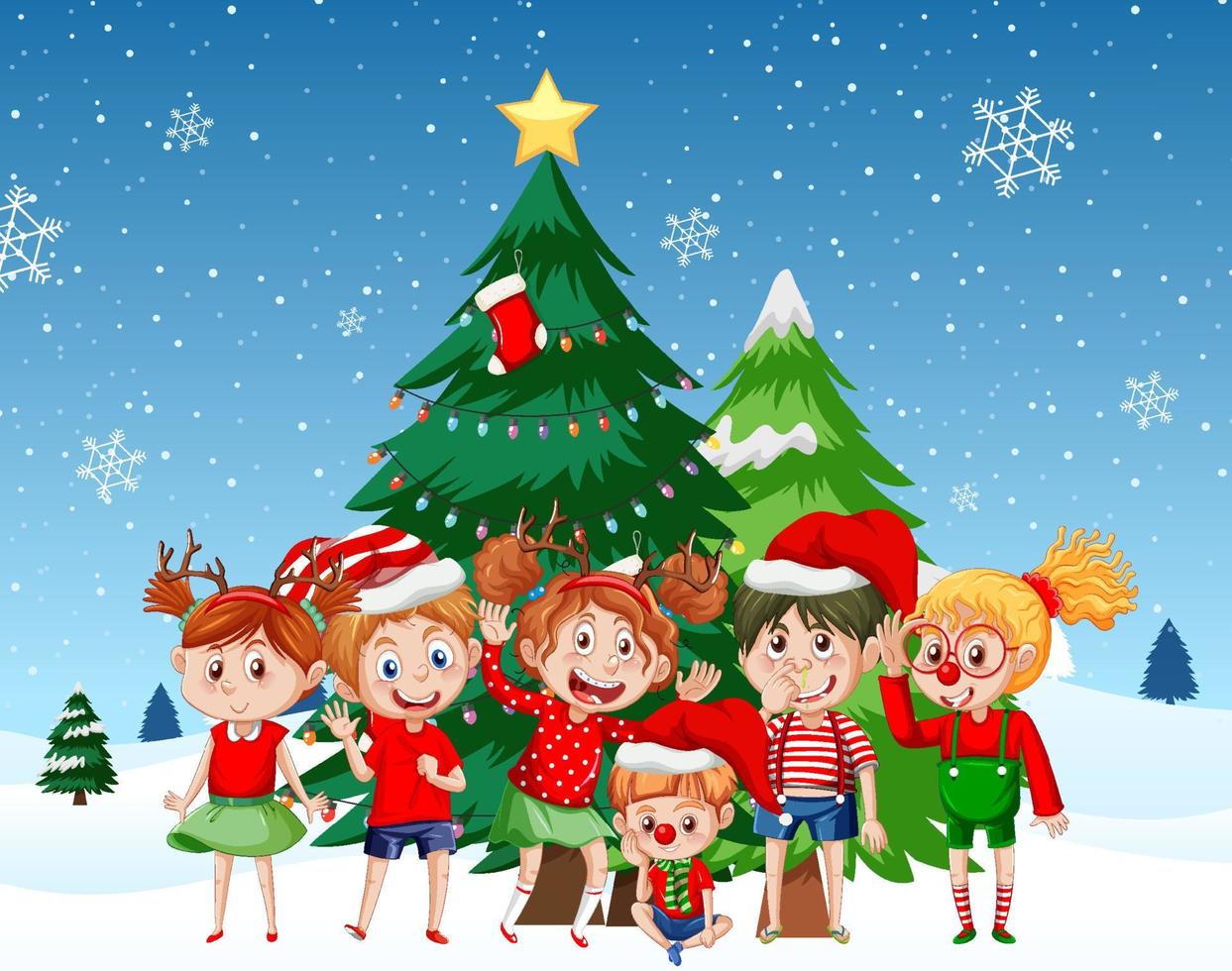 Children in Christmas costumes with Christmas tree vector